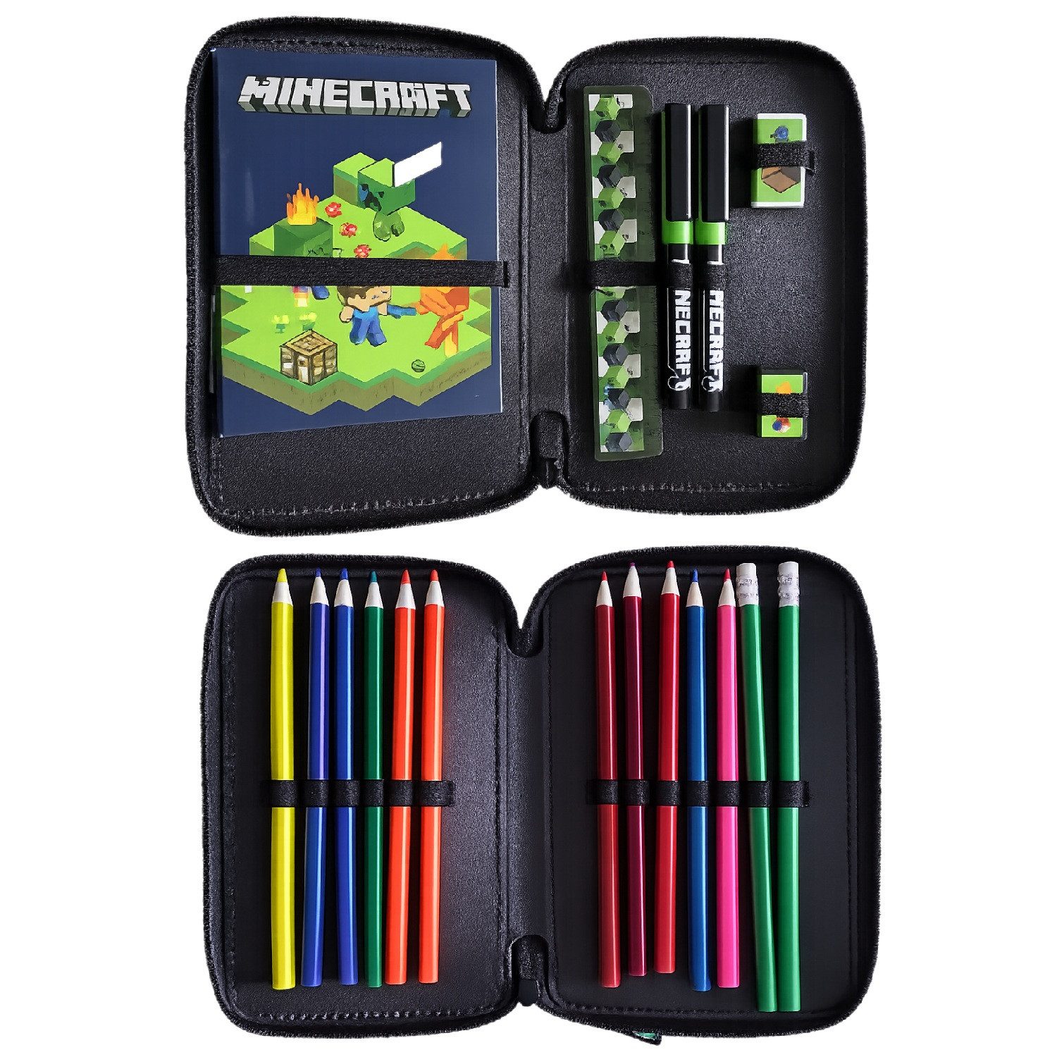 Familando Federmäppchen Minecraft Doppeldecker / große Federmappe befüllt, (4-tlg., plus Schlamper-Rolle, Turnbeutel und Geldbeutel), passend zum Schulranzen