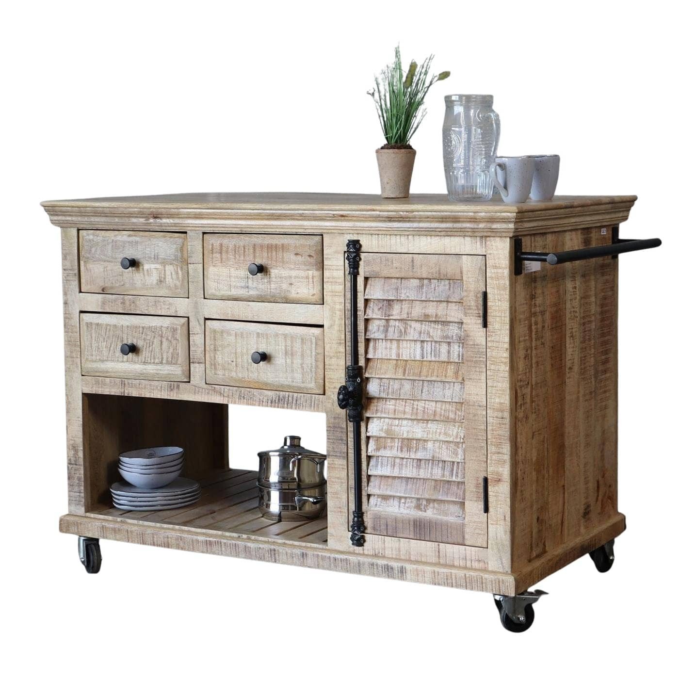 baario Küchenwagen Küchenarbeitstisch CUSSET, Rollwagen massiv Mangoholz Kücheninsel Antik