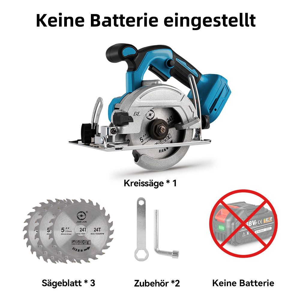 Thumbnail - ONEVAN Akku-Handkreissäge Bürstenlose Kreissäge 45mm Schnitttiefe, 0-45°, Ohne Akku, Gehrungsschnitt mit 3 Sägeblätter f...