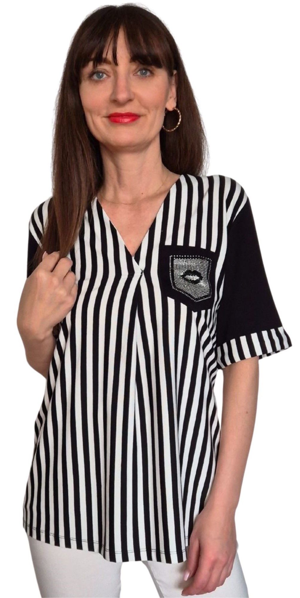Kurzarmshirt 190-1207, mit Längsstreifen und Strassbesatz