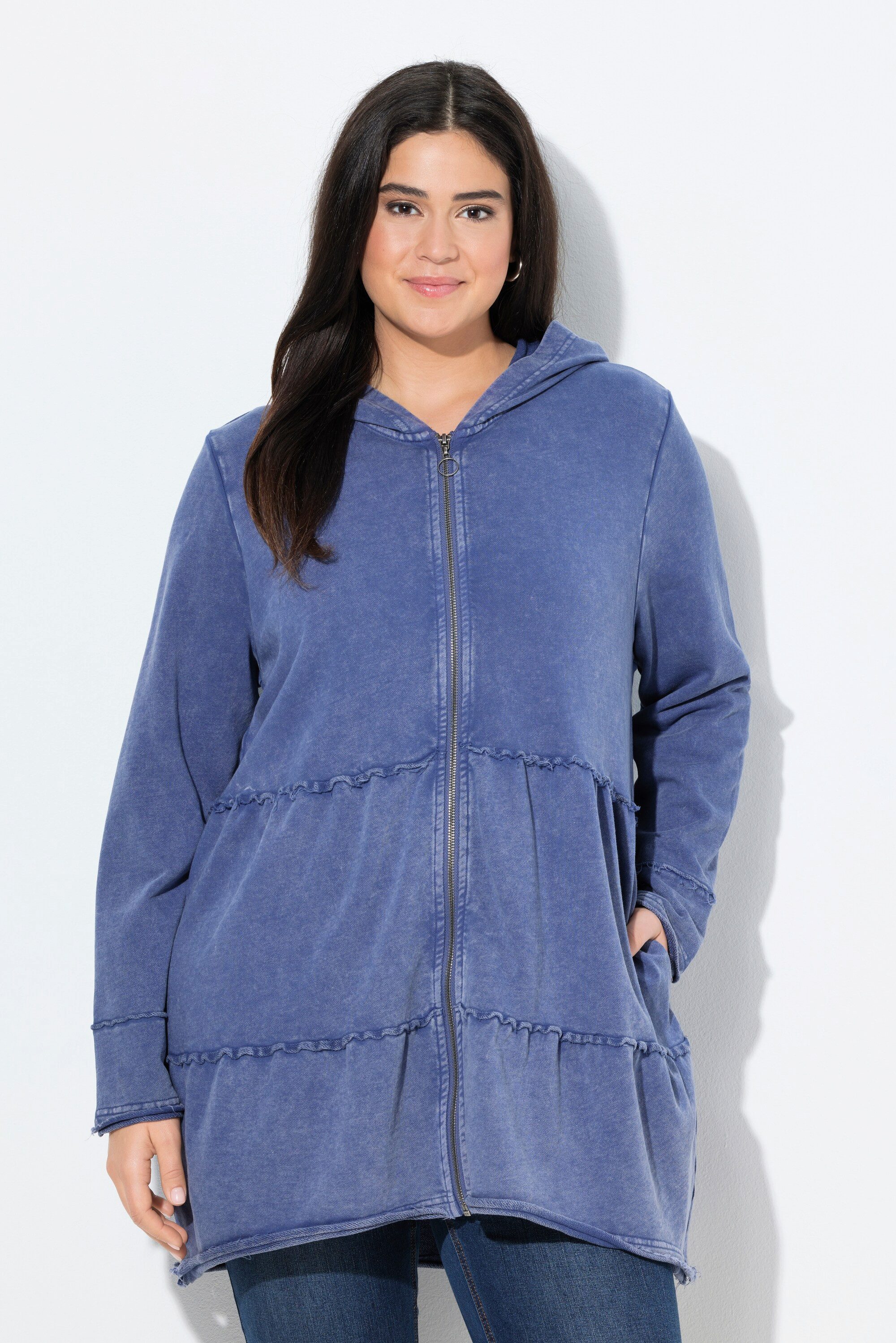 Sweatjacke Long-Hoodiejacke Vintage-Look A-Linie Kapuze