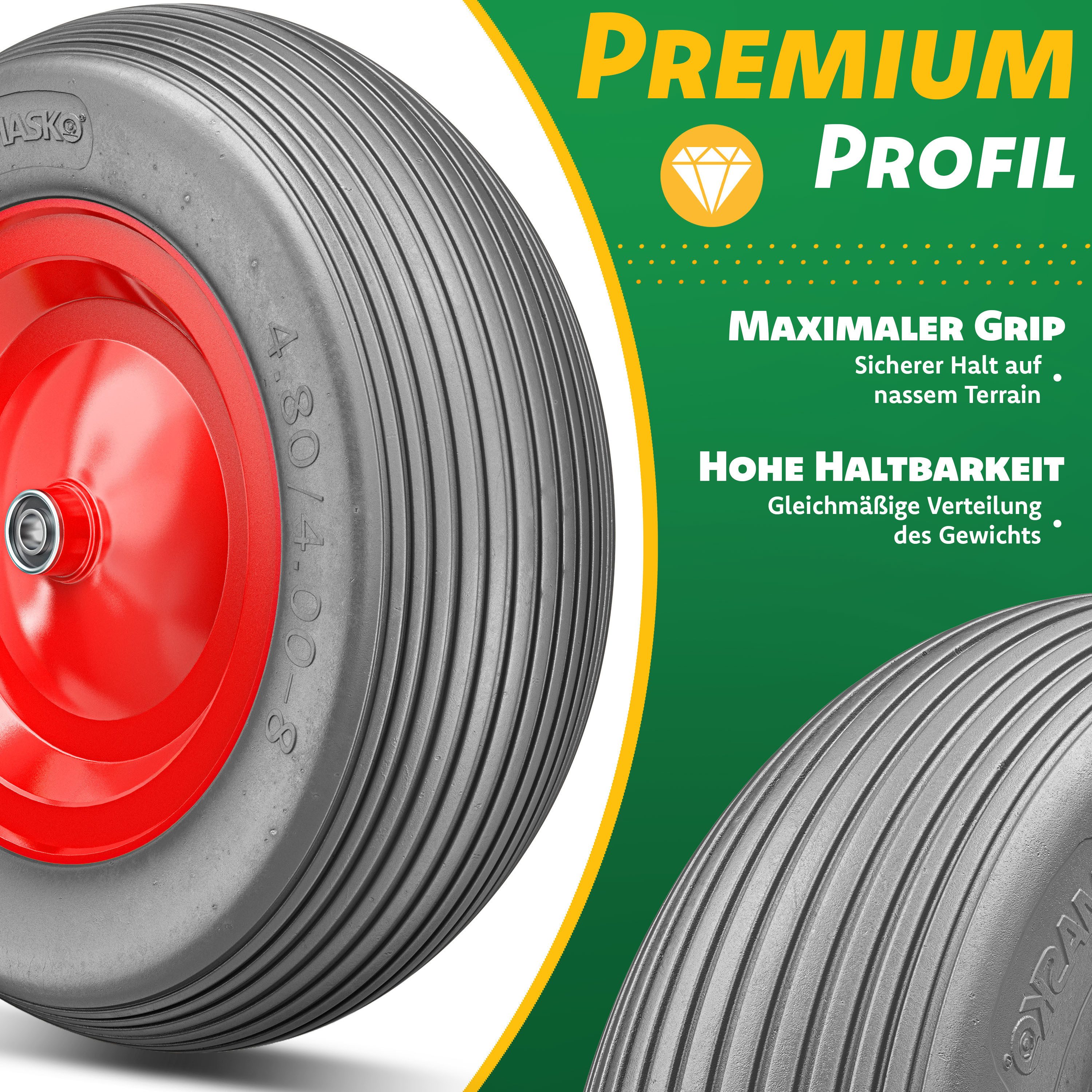 MASKO Schubkarren-Rad, PU Schubkarrenrad Vollgummi 200 kg pannensicher 4.80/4.00-8 Ø