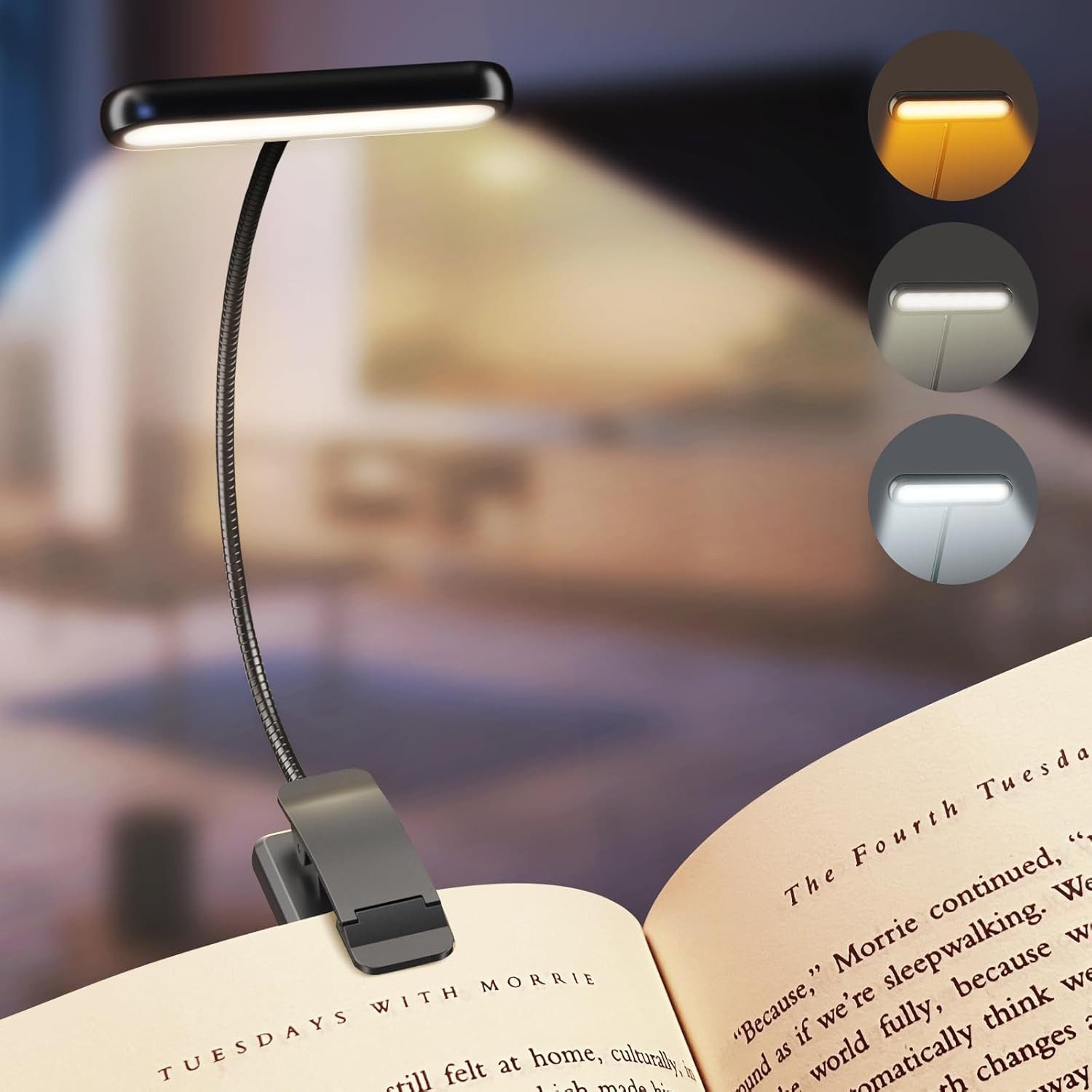Lapalife LED Leselampe Akku Buchlampe Breites Licht, Klemmlampe mit 3 Farben & 10 Helligkeit, LED fest integriert, USB Aufladbar, Schwanenhals, Augenschonendes, für Nachtlesen ins Bett