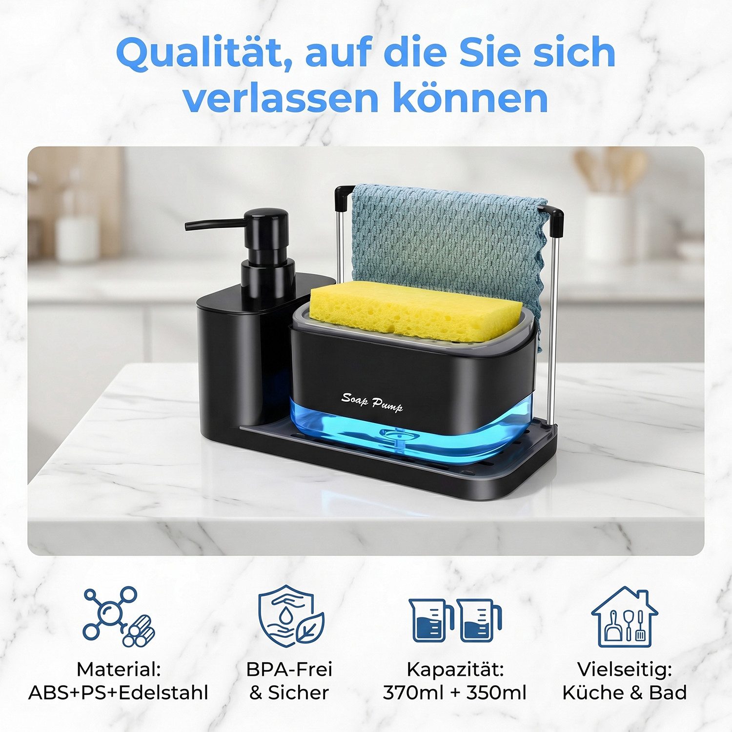 AKKEE Spülmittelspender Aufbewahrungsregal mit Handseifenspender, 350 ml