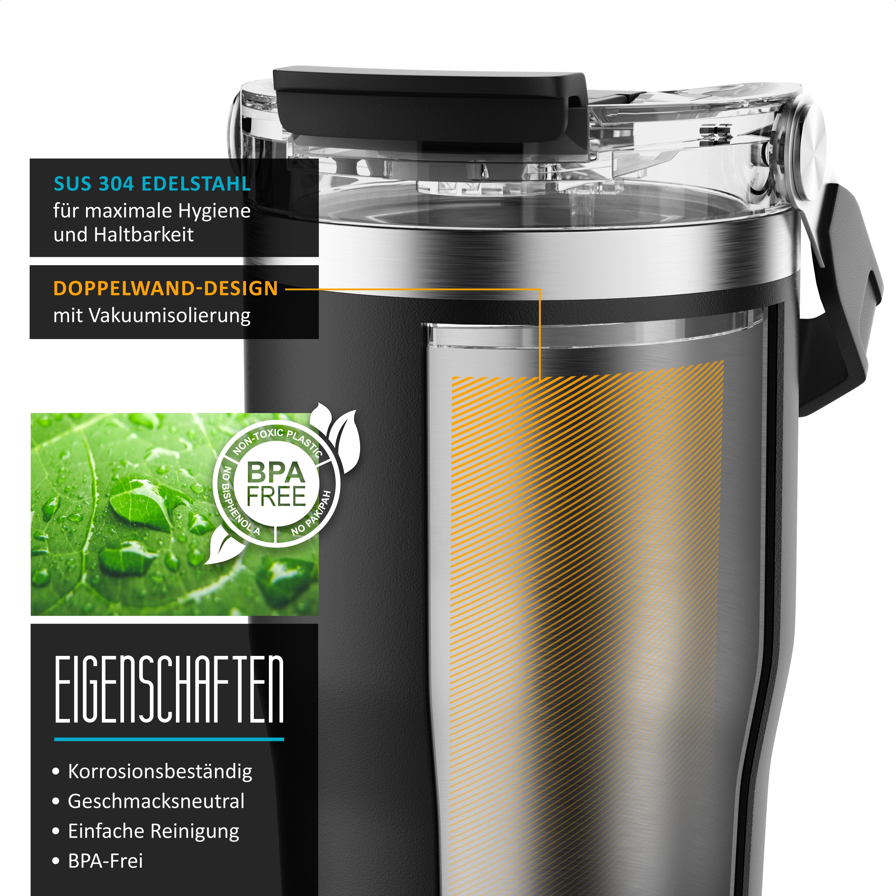 Arendo Thermobecher Thermal Mug 600 ml, Kaffee to go Becher mit Deckel aus Edelstahl 0,6 L, 1-tlg., Edelstahl (SUS304 innen, SUS201 außen); Deckel aus Kunststoff (BPA-frei), hält 12h heiß & 6h kalt, doppelwandig, 100% auslaufsicher, Coffe-to-go