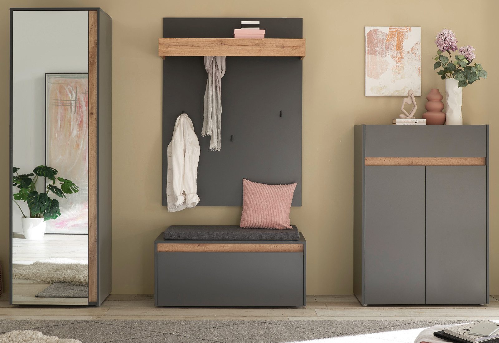 Furn.Design Garderoben-Set Center, (Flurgarderobe in grau mit Wotan Eiche, Komplett-Set 5-teilig), 11 Fächer und 2 Kleiderstangen, inkl. Sitzkissen