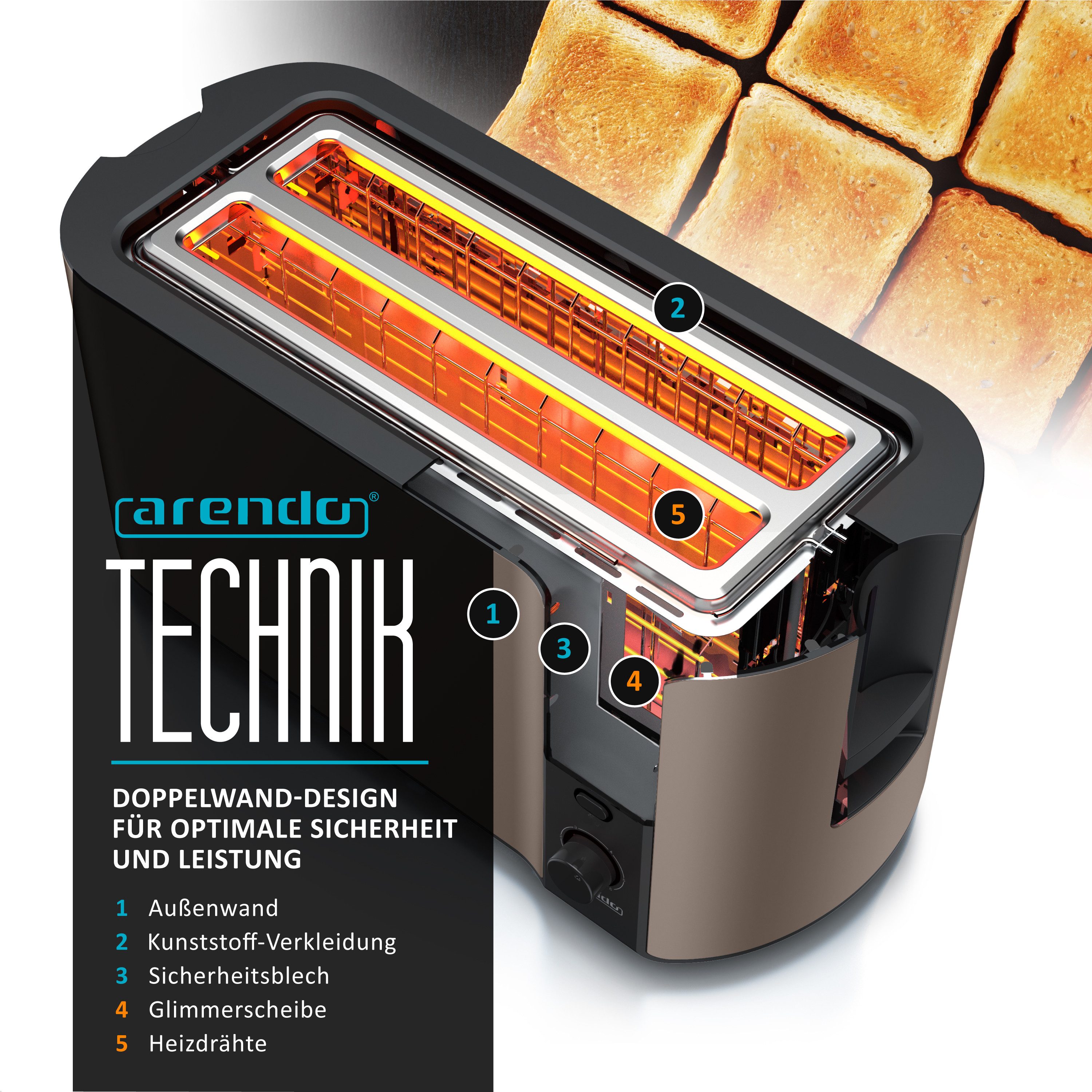 Arendo Toaster Edelstahl, Langschlitz, Display mit Restzeitanzeige, Krümelschublade, 2 lange Schlitze, für 4 Scheiben, 1500 W, Defrost Funktion, Wärmeisolierendes Gehäuse, mit Brötchenaufsatz