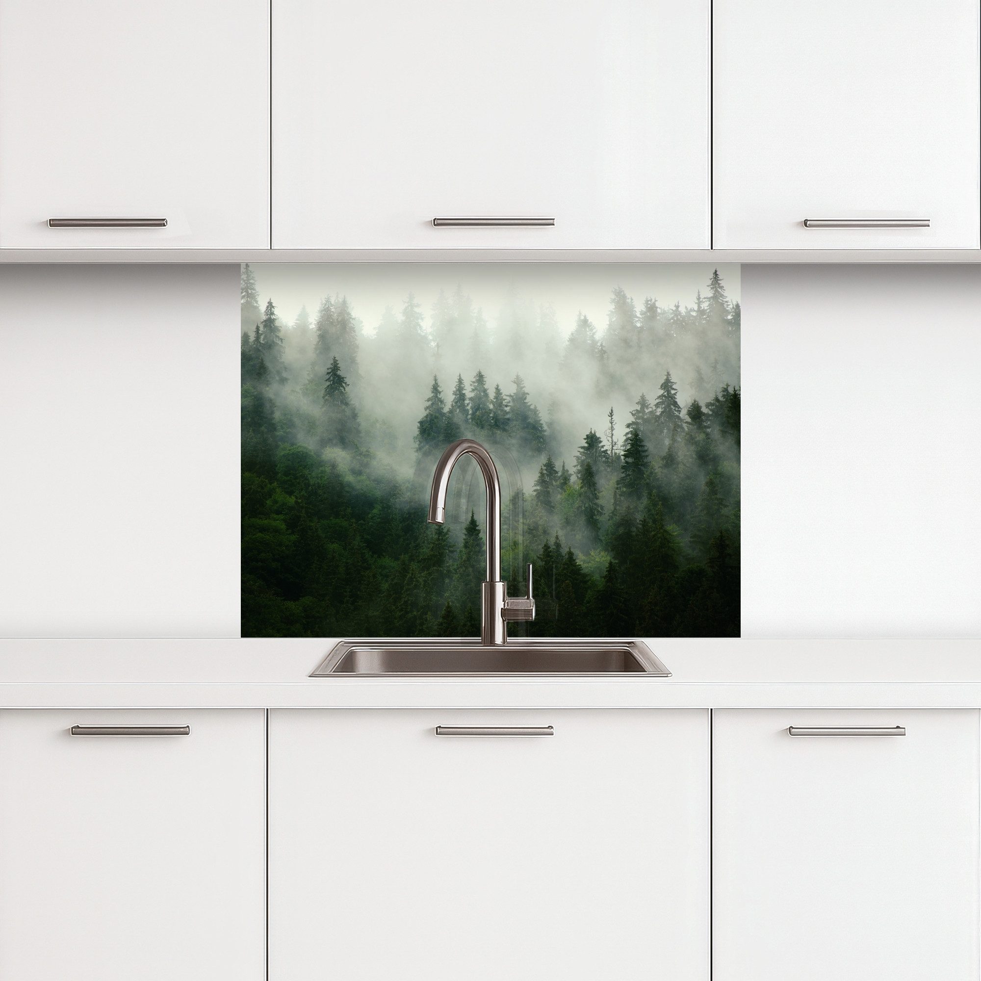 KitchenYeah Küchenrückwand selbstklebend Wald - Nebel - Bäume - Natur, (1-t günstig online kaufen