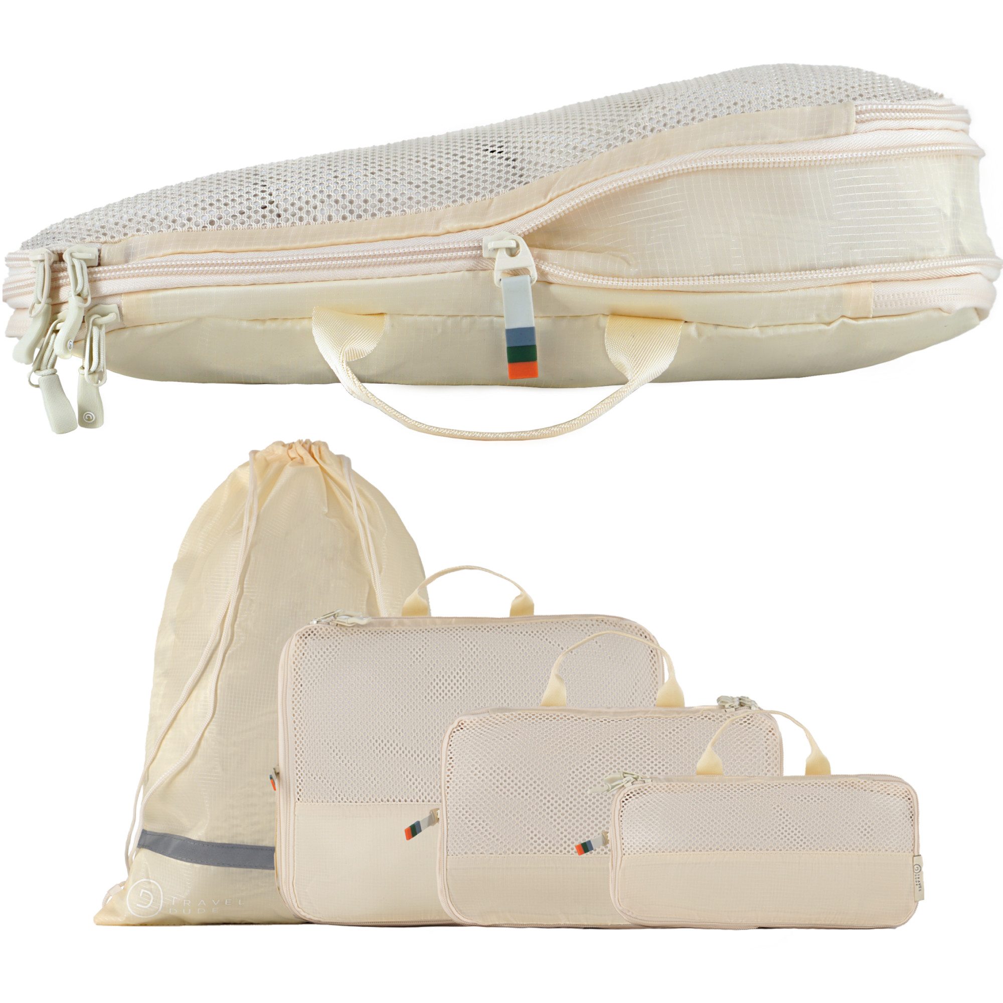 TRAVEL DUDE Kofferorganizer, Packing Cubes aus recycelten Plastikflaschen (ultraleichte Packwürfel, 4-tlg., Packing Cubes für Rucksack und Koffer, Packtaschen), mit Kompression und einem Nassfach