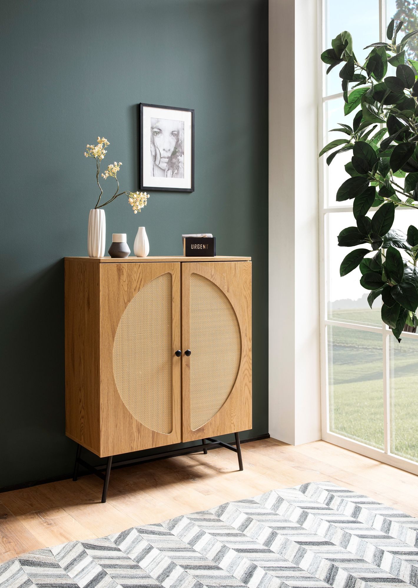 Wohnling Sideboard Sideboard 80 cm Anrichte Highboard Eiche Dekor Kommodenschrank Geflech (80x103x39 cm Anrichte, Eiche-Dekor Rattangeflecht), Kommode Türen Highboard, Hoher Kommodenschrank