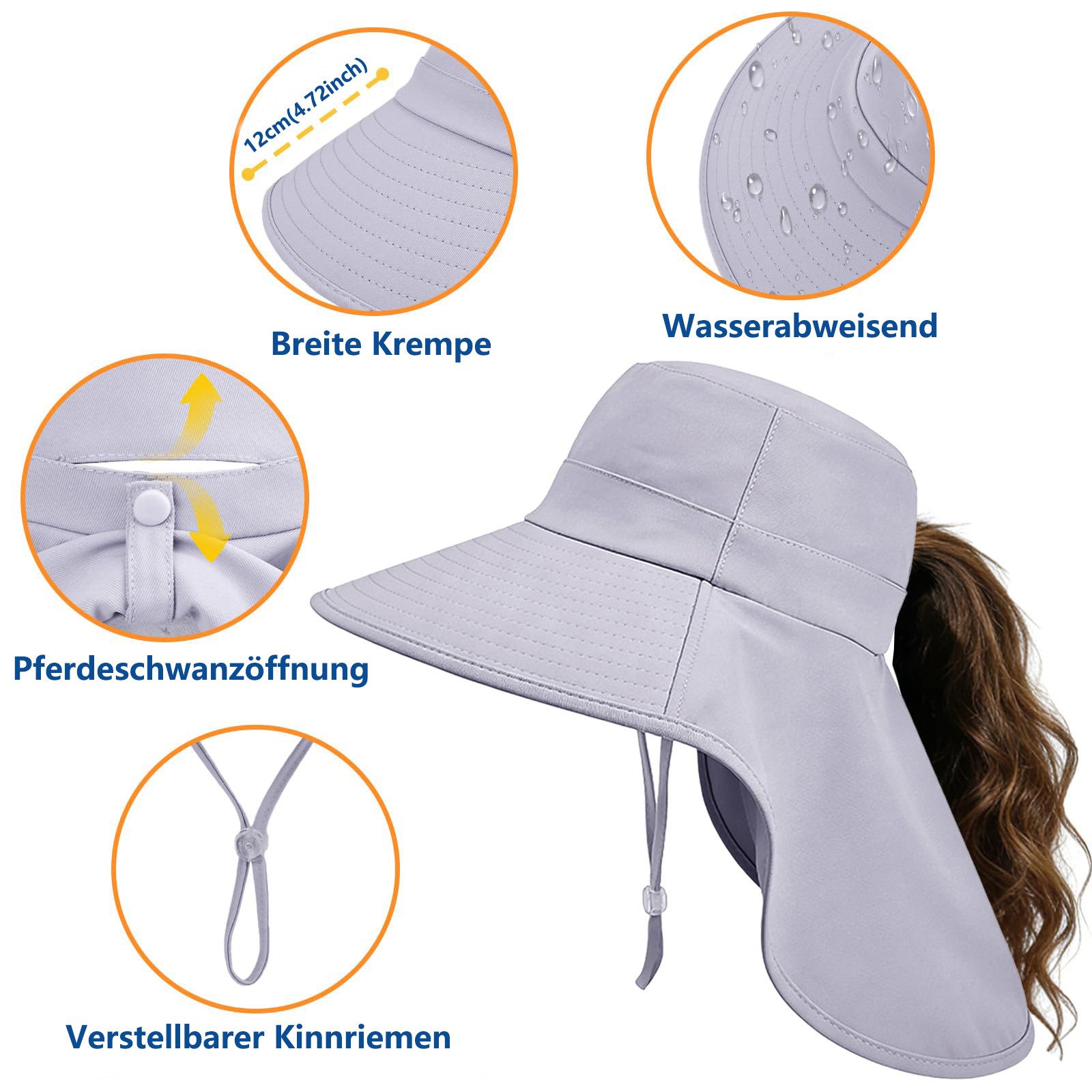 FOUORTUNATE-BEE Sonnenhut Sonnenhut für Damen mit Nackenschutz und Pferdeschwanzöffnung (rollbarer Damen-Sonnenhut, Anglerhut mit breiter Krempe)