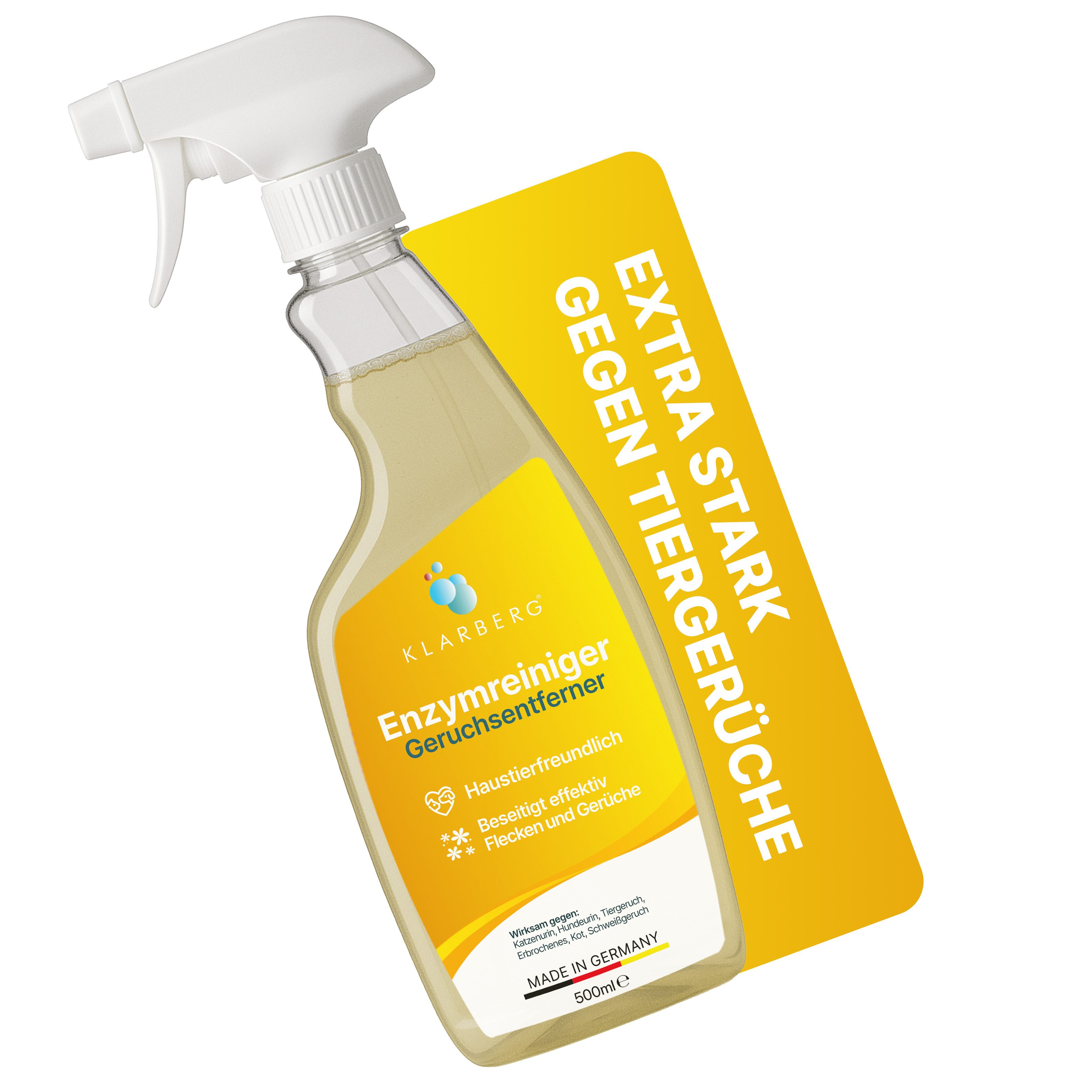 Klarberg Geruchsentferner Enzymreiniger Spray –entfernt Tierurin & Gerüche von Teppich & Polster, zersetzt Gerüche effektiv, leichter Zitrusduft, Made in DE