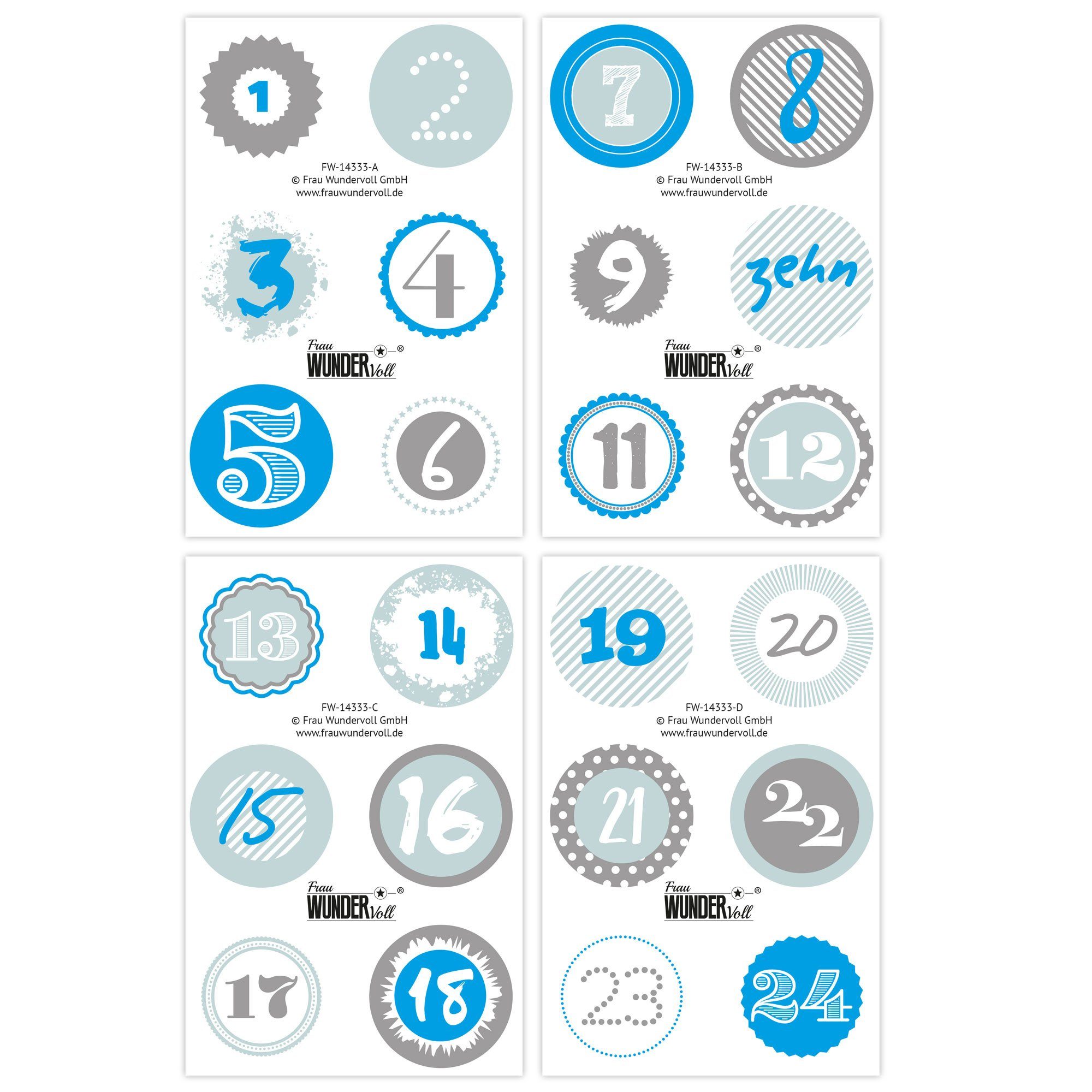 Frau WUNDERVoll Sticker 24 Adventskalenderzahlen Aufkleber, blau, Durchmesser 4 cm