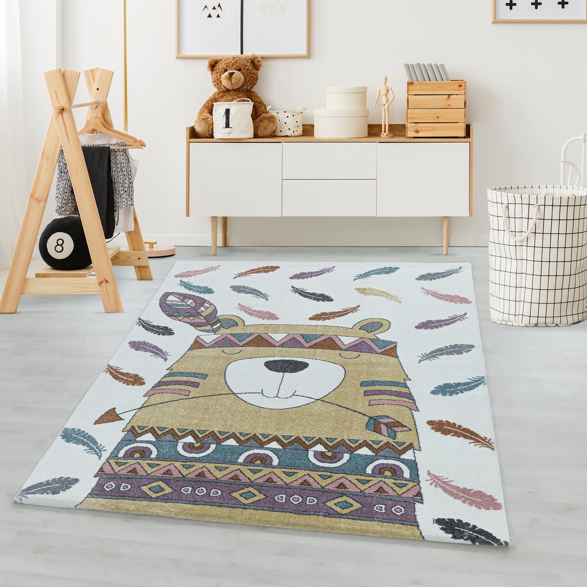 Kinderteppich Bär Design, Carpetsale24, Läufer, Höhe: 11 mm, Teppich Kinderzimmer Bären Design Gelb Teppich Pflegeleicht | Kurzflor-Teppiche
