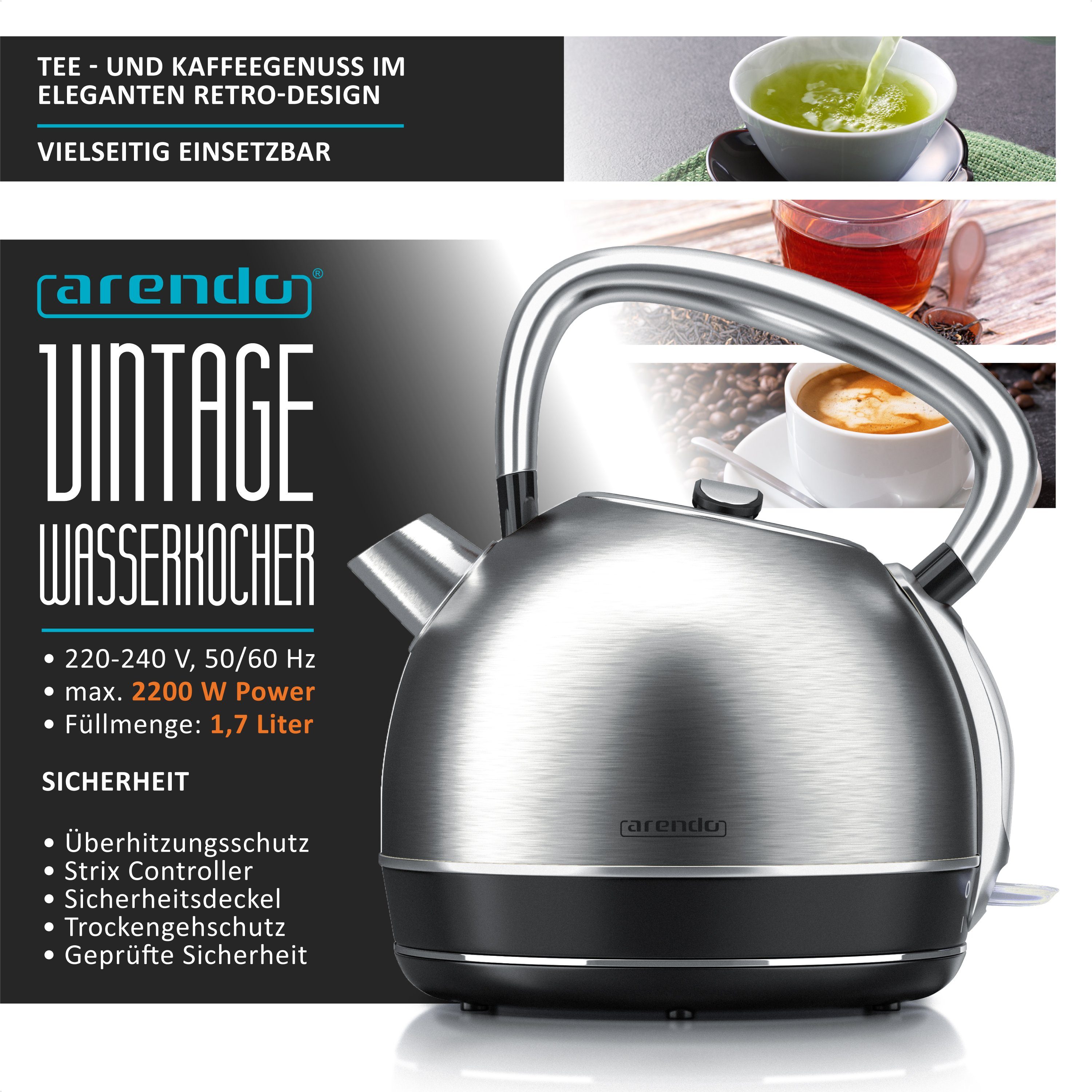 Arendo Wasserkocher Retro Edelstahl Teekessel im Vintage Style, GS Geprüft, Silber, 1,7 l, 2200 W, Überhitzung & Trockenkochschutz, automatische Abschaltung, Kalkfilter