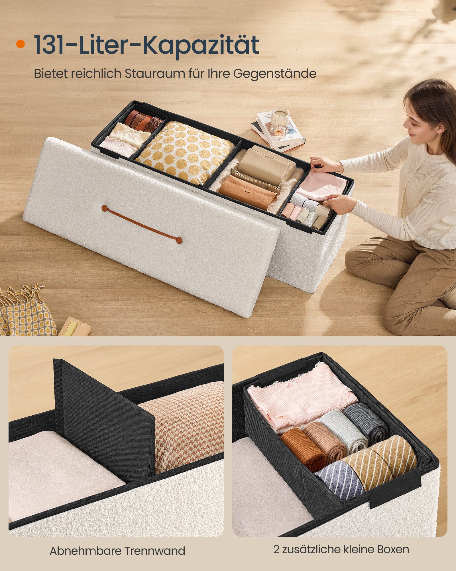 SONGMICS Sitzbank, mit Stauraum, faltbarer Sitzhocker, 38 x 11 x 38 cm bis 3 kg