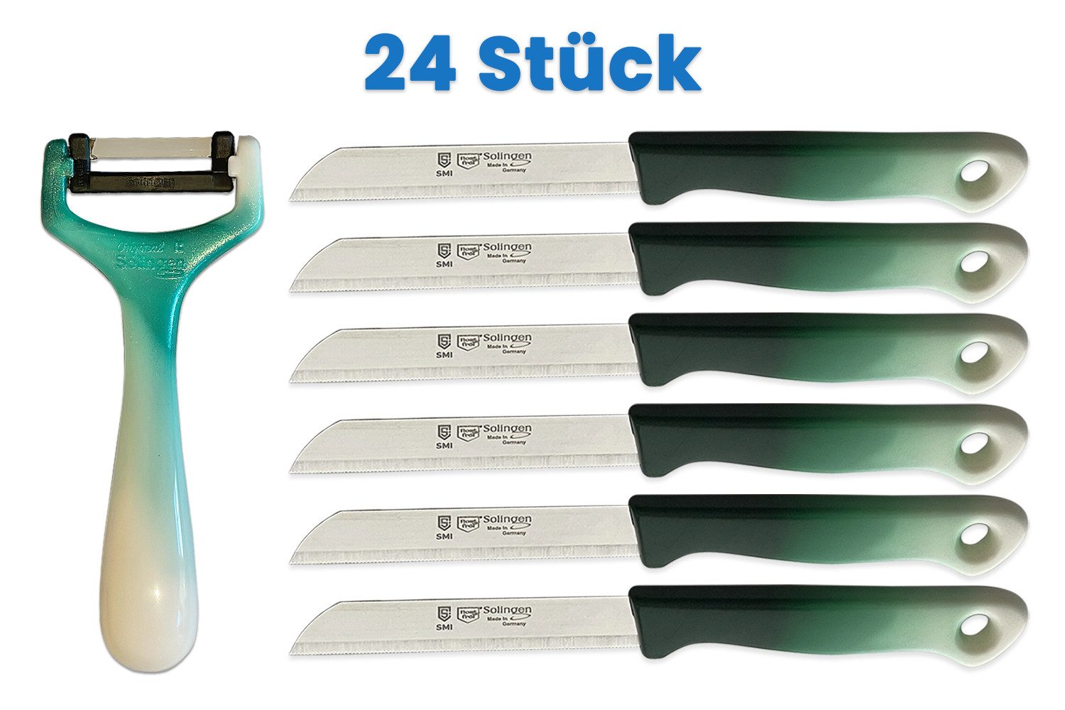 SMI Schälmesser SMI 24-tlg Solingen Schälmesser Sparschäler Obstmesser Gemüsemesser, Küchenmesser Wellenschliff - Grün-Weiß