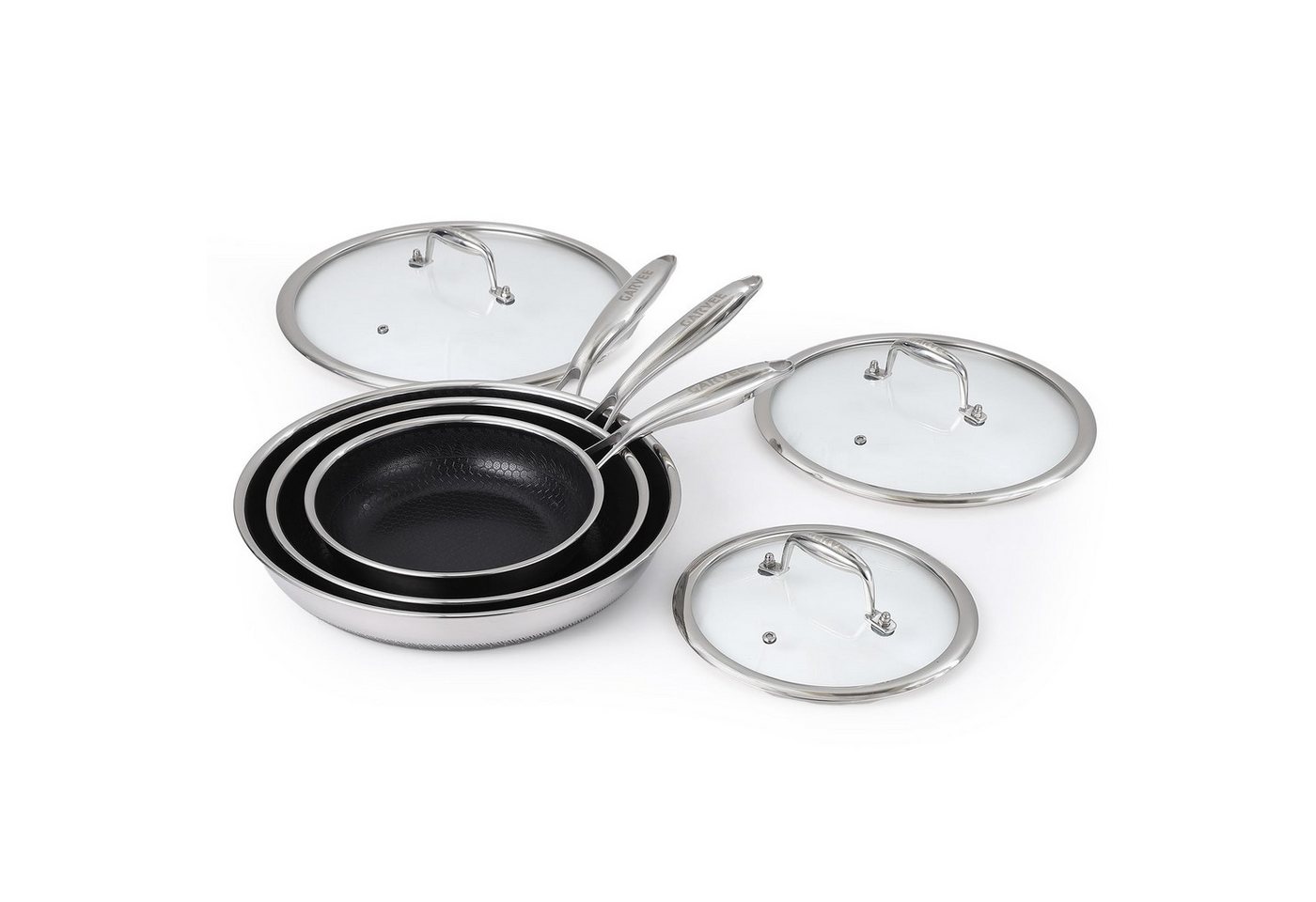 GarveeMore Bratpfanne 6-Stück Stahl Antikleber Bratpanne Set20/26/30cm mit Deckeln