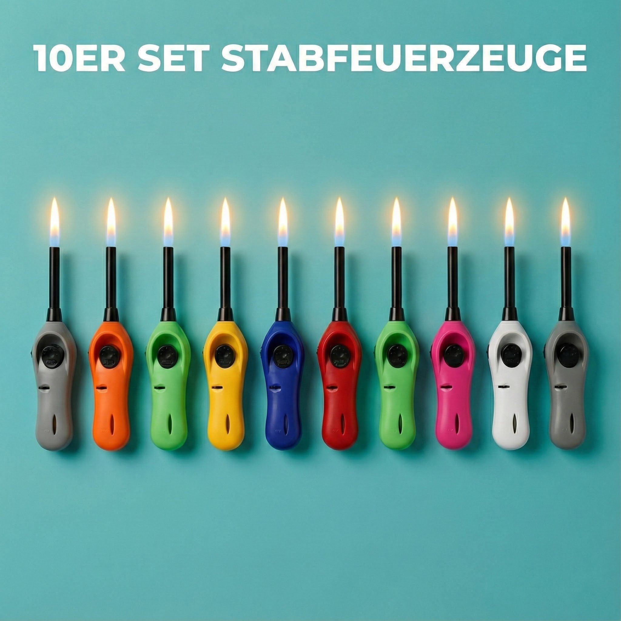 TOM Feuerzeuge Stabfeuerzeuge 10er Set Nachfüllbar Soft-Flame (10-St), 21,8 cm lang, gemischte Farben, Propan- / Butangas, Vorgefüllt