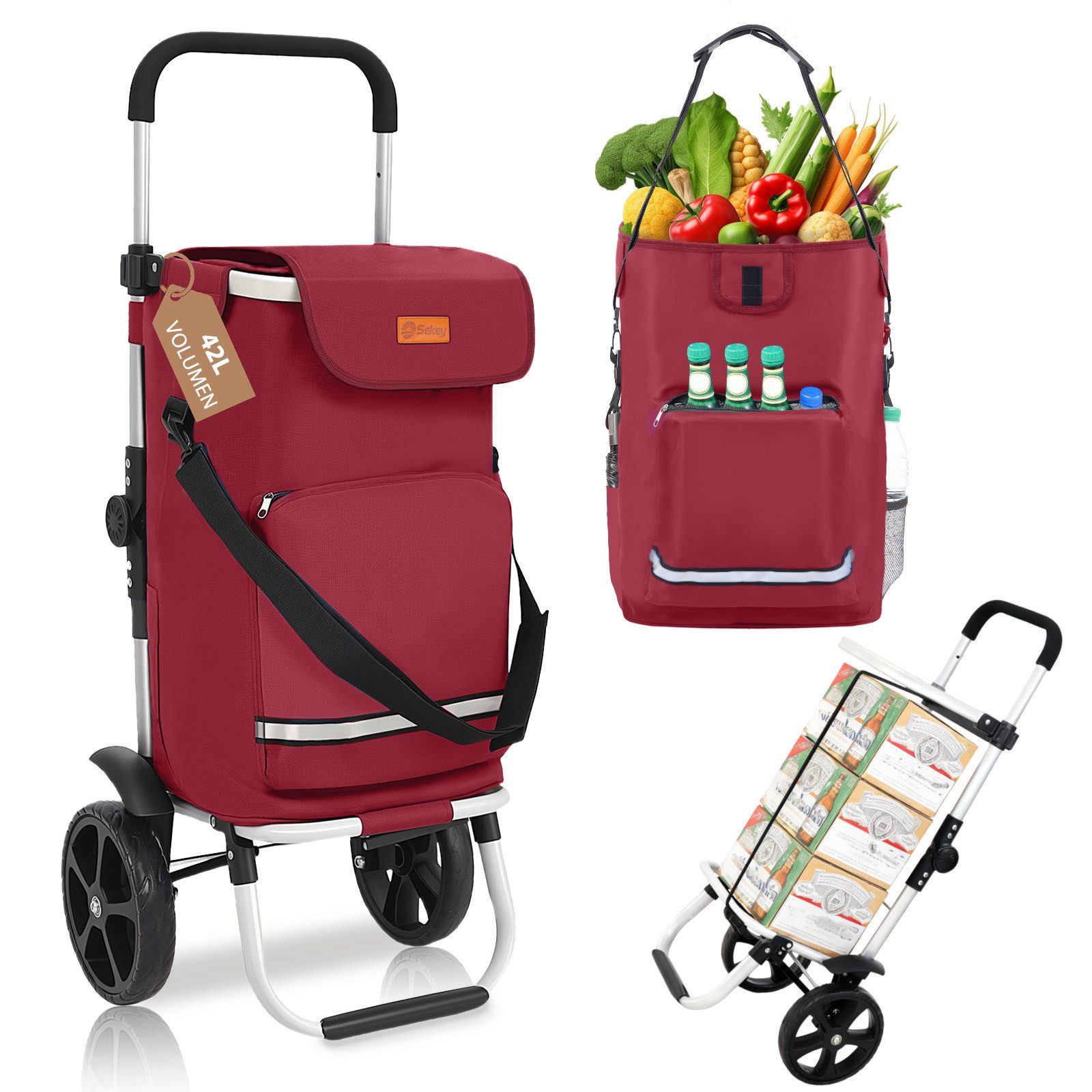 Sekey Einkaufstrolley 3-in-1 mit Kühlfach und Spanngurt, Faltbarer Einkaufswagen 42L & 35kg, 3-in-1 Trolley, Sackkarre & Umhängetasche, Ideal für Einkäufe