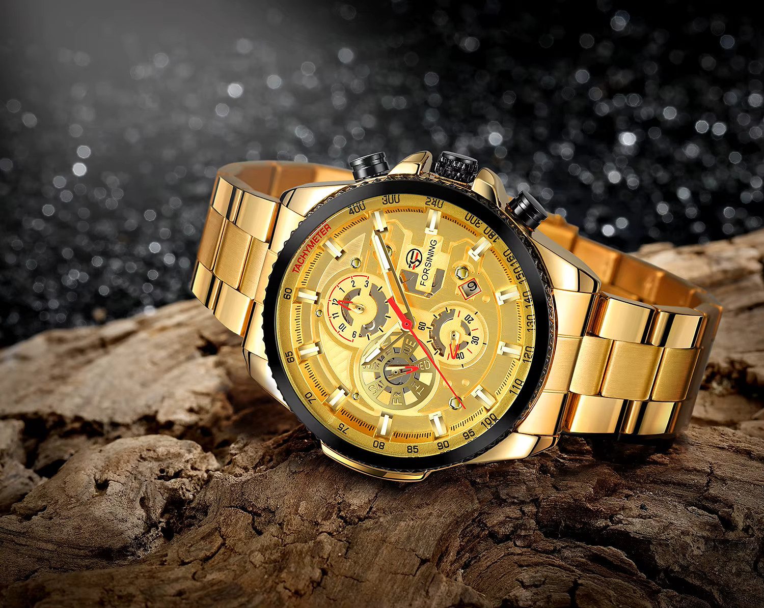 Rötting Design Automatikuhr Herrenuhr Armbanduhr Marke Forsining goldfarbenes Ziffernblatt, Edelstahl, Datum Wochentag Monats Anzeige