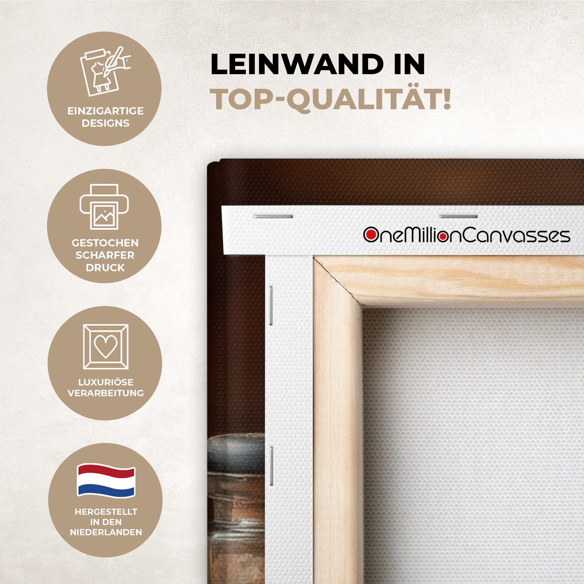 OneMillionCanvasses® Leinwandbild Gläser - Kräuter - Gewürze - Körner, Fotodruck (1 St), Wandbilder für Esszimmer, Wanddeko Bilder Küche, 20x20 cm