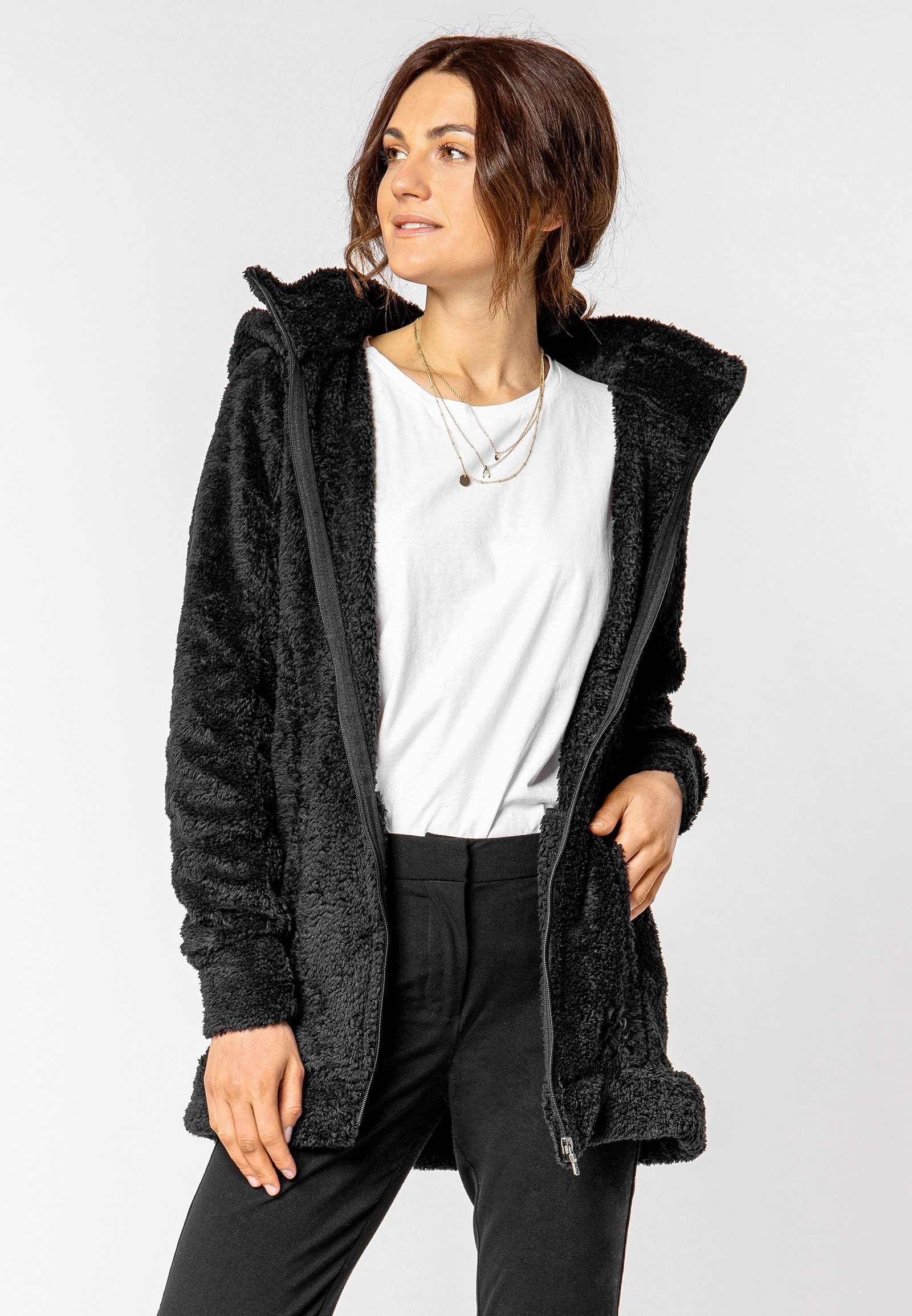 Fleecemantel Flauschiger Kapuze mit SUBLEVEL black Fleecejacke