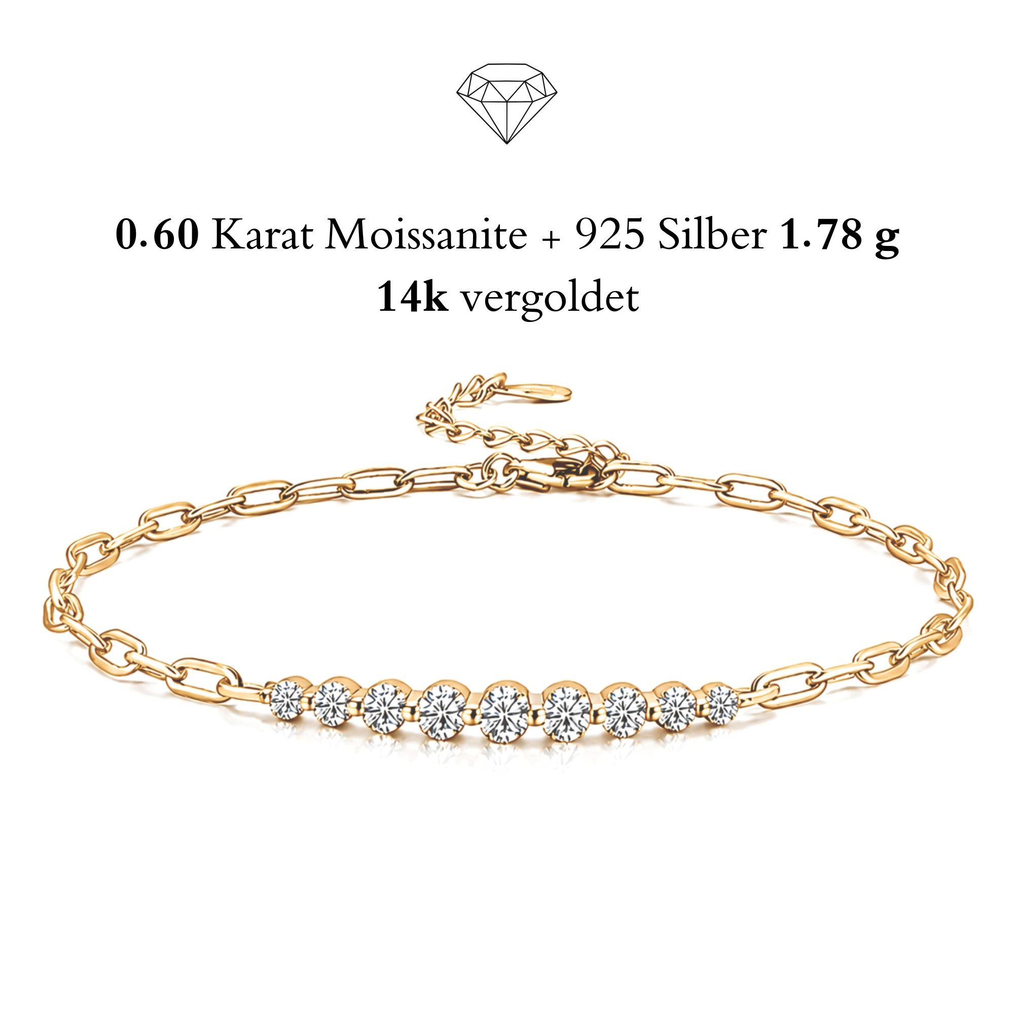 UNIQAL.de Silberarmband Damen 925 Sterling Silber mit Diamant Moissanit 0,60 Karat – AURELIA (Silberarmband mit 9 Moissanit Steinen, 925 Sterling Silber weißgold oder 14K gold veredelt, inkl. Luxuriöse Schmuck Geschenkbox), Moissanit VVS1 Reinheit, GRA-Zertifikat, Armkette Geschenk für Damen