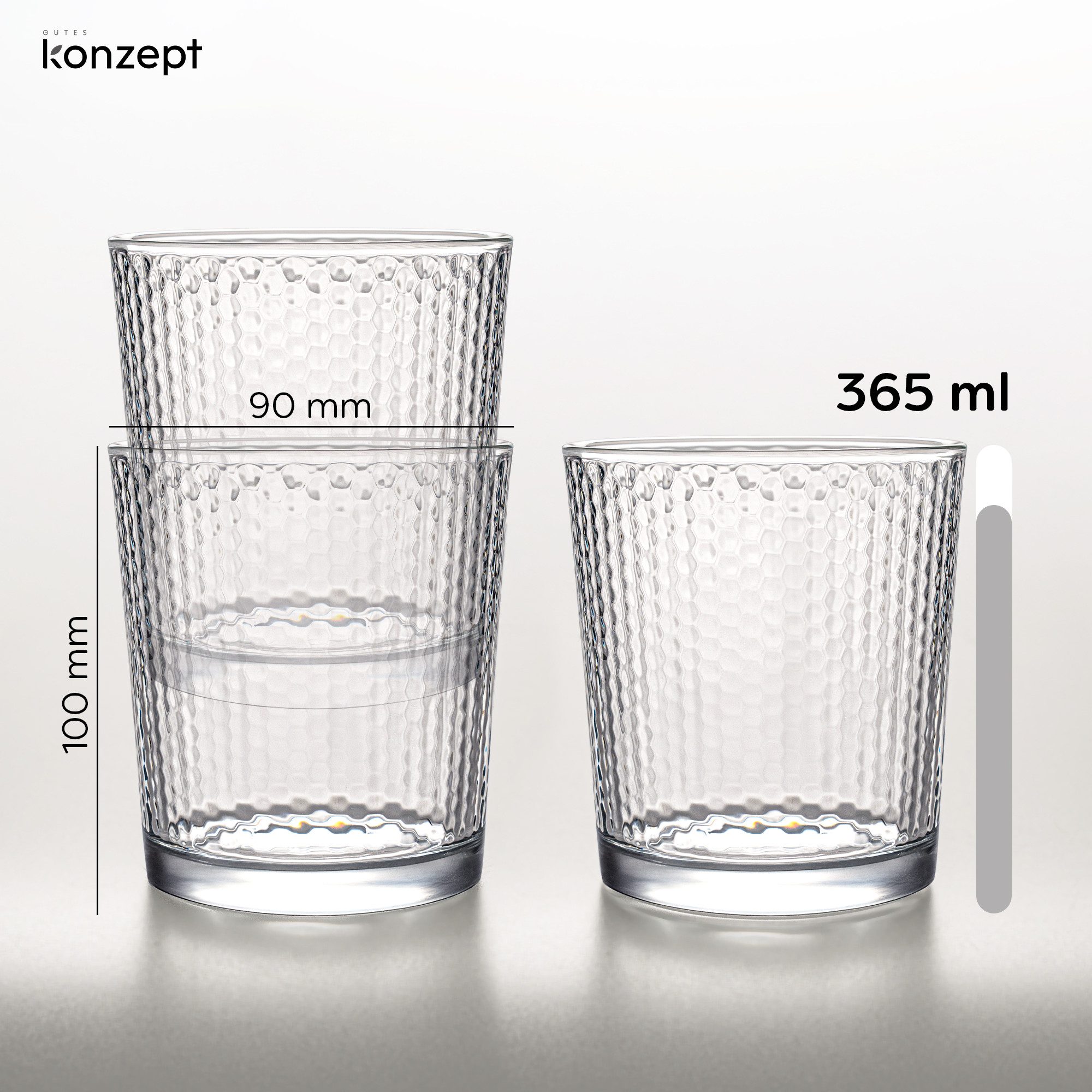 KONZEPT Gläser-Set Transparente Trinkgläser Set 365 ml 6 Stk. Stapelbar, 6-tlg., 6-teilig, Strukturierte Gläser Ideal für Wasser, Saft, Milch
