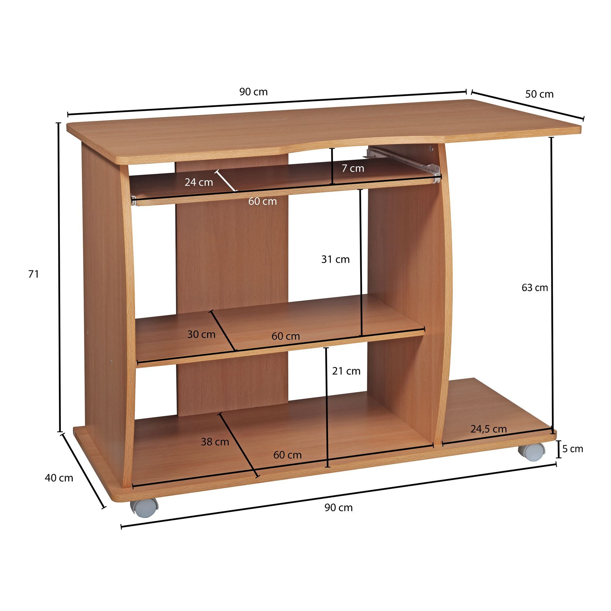 FINEBUY Schreibtisch FB37499 Laptoptisch Computertisch Buche Rollen Tastaturauszug (Buche 90x71x50 cm mit Tastaturauszug Modern), PC-Tisch mit Stauraum, Bürotisch Home Office