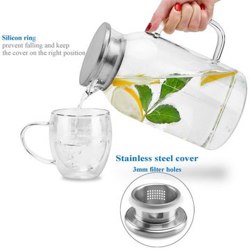Intirilife Karaffe, (Glas Krug mit Filter in KLAR - 1,8l Karaffe), Karaffe aus Borosilikatglas mit Henkel und Filter und Deckel