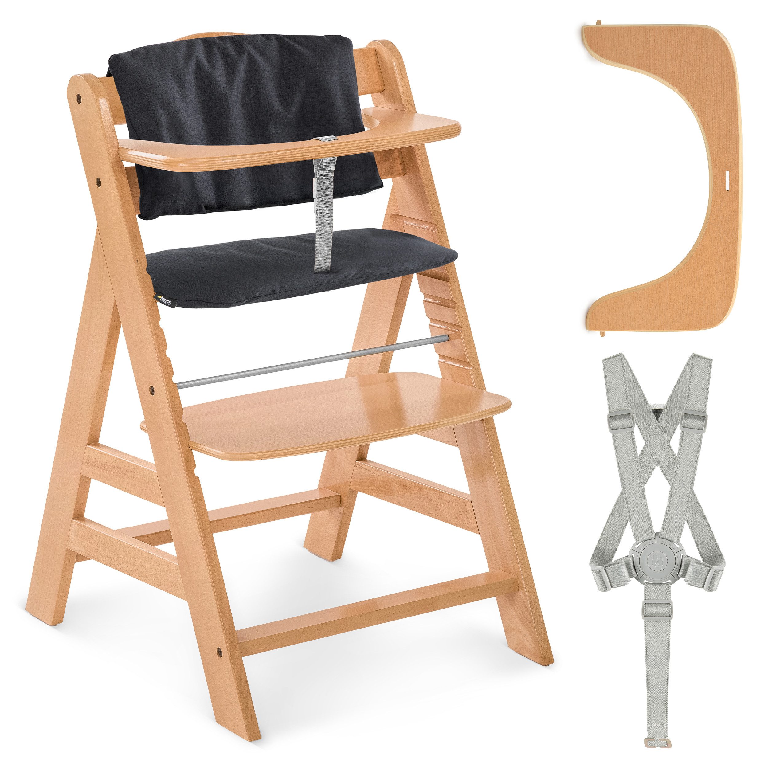 Hauck Hochstuhl Alpha Plus Natur, Mitwachsender Holz Kinderhochstuhl verstellbar mit Gurt & Sitzauflage