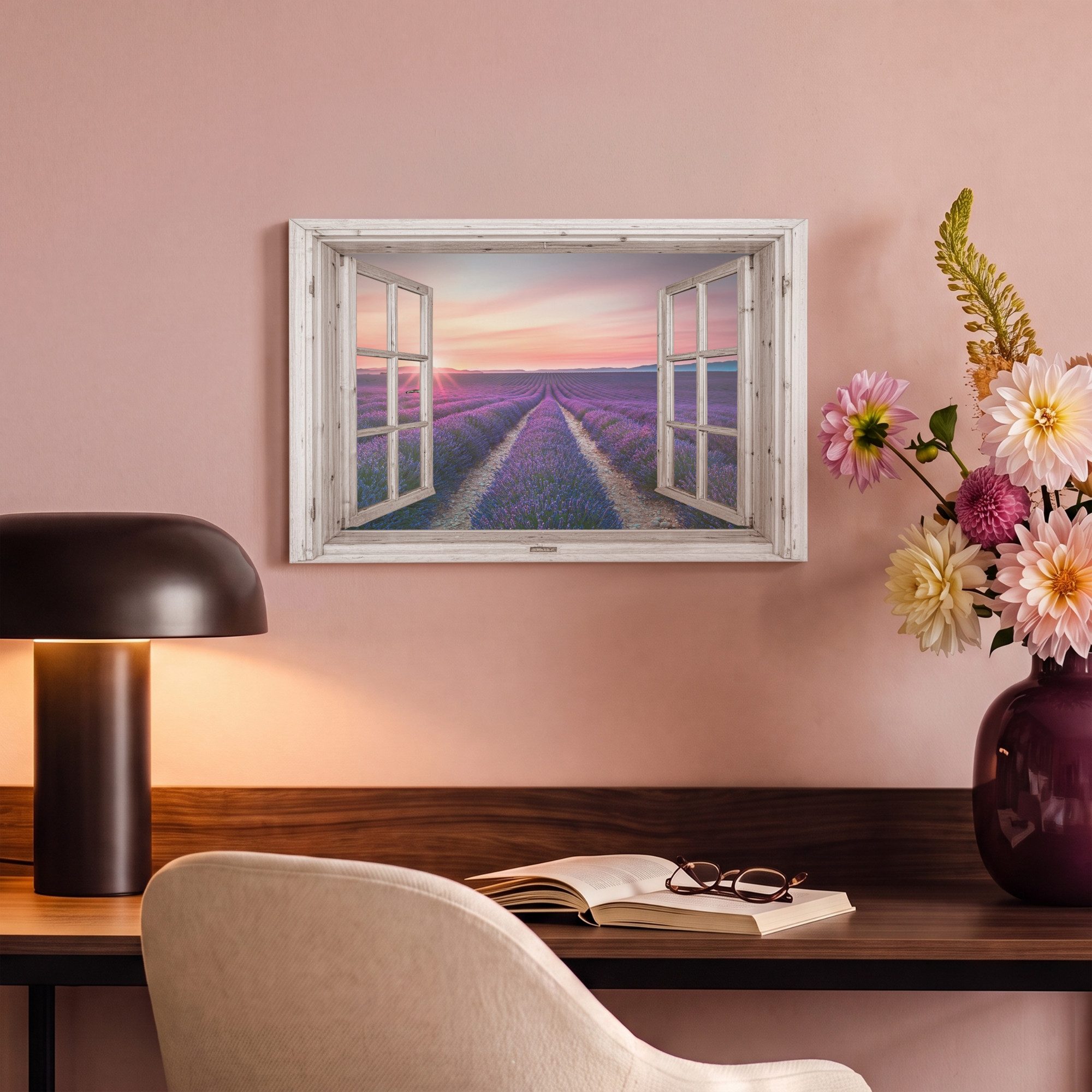 OneMillionCanvasses® Leinwandbild Fensterblick - Fenster - Lavendel - Blumen - Holz - Sonnenuntergang -, Fotodruck (1 St), Leinwand Bilder Klein, Wand Dekoratio – Bild 4 von 5