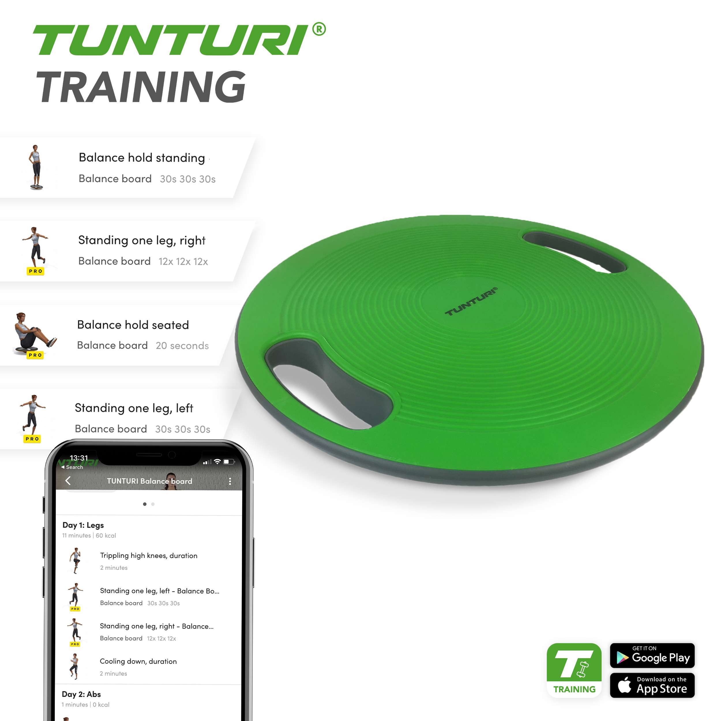 Tunturi Balanceboard Balanceboard mit Griffen - Gleichgewichtsbrett 40 cm für Balance