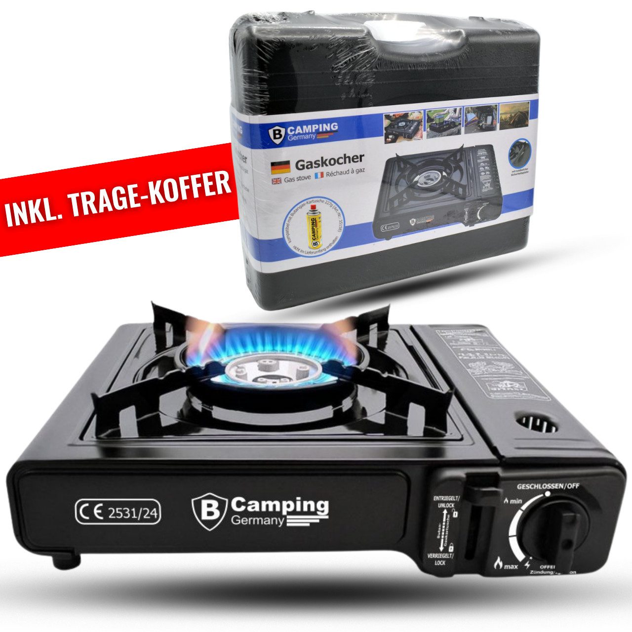 bahama Gaskocher für Gas Kartuschen 227g mobiler Camping Kocher Outdoor 1-flammig, (Butangaskocher Gasherd), Campingkocher Kartuschenkocher 1-flammig mit Trage-Koffer