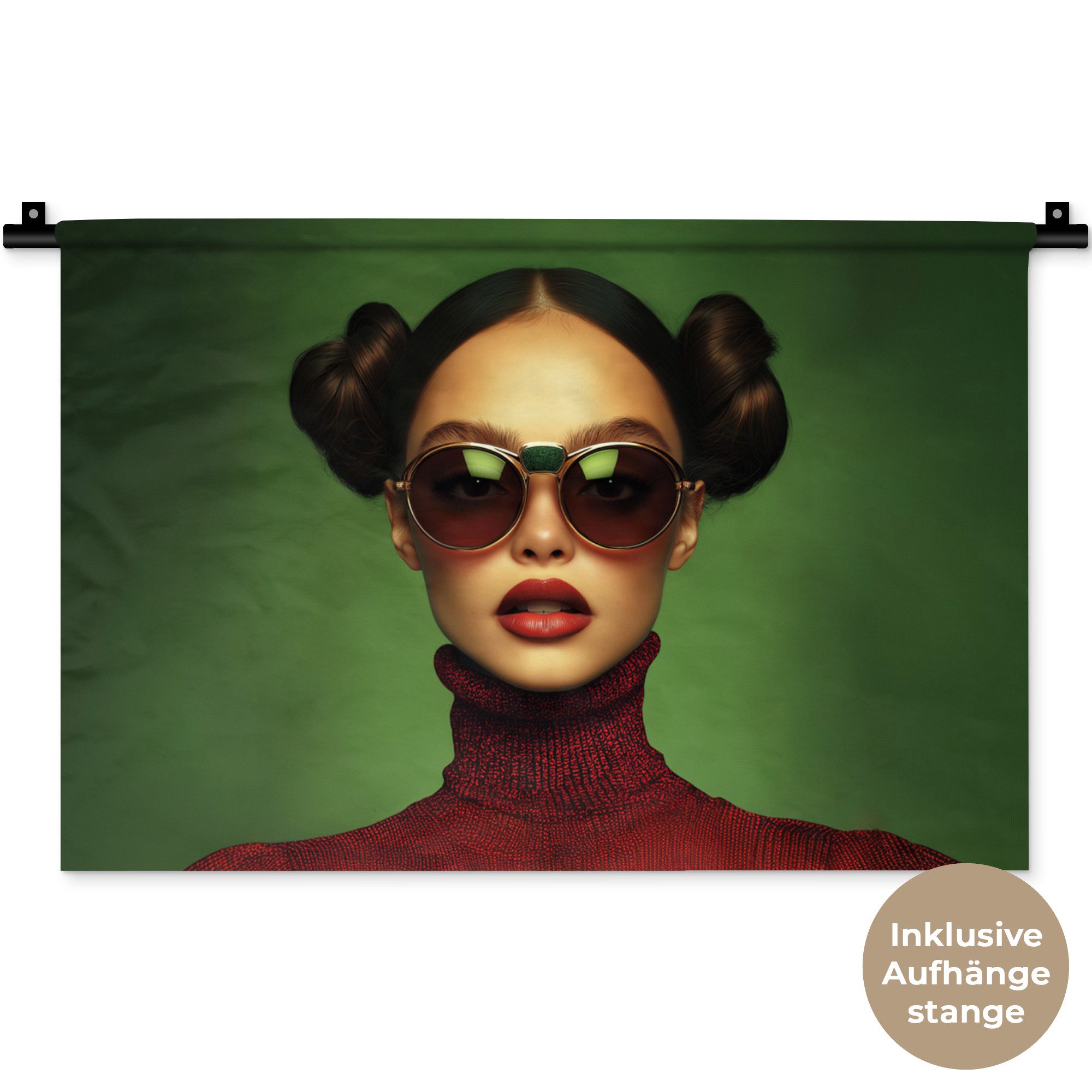 MuchoWow Wandteppich Frau - Grün - Brille - Ästhetisch - Modern, Rechteckig, Höhe: 3 mm, Wandteppich für Wohnzimmer, Schlafzimmer, 60x40 cm