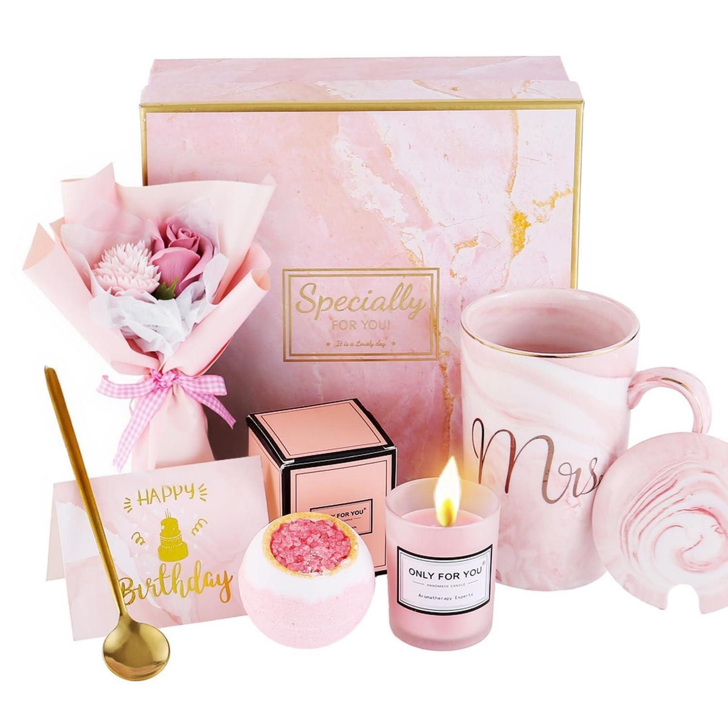 LuxusKollektion Geschenkbox Geburtstagsgeschenkset Rosa mit Tasse & Kerze, Geschenk Schachtel