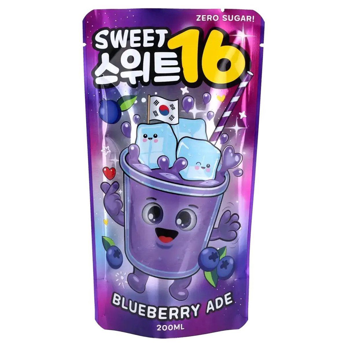 Sweet16 Softgetränk, Sweet16 Blaubeerlimonade koreanisches Getränk zuckerfrei 200ml