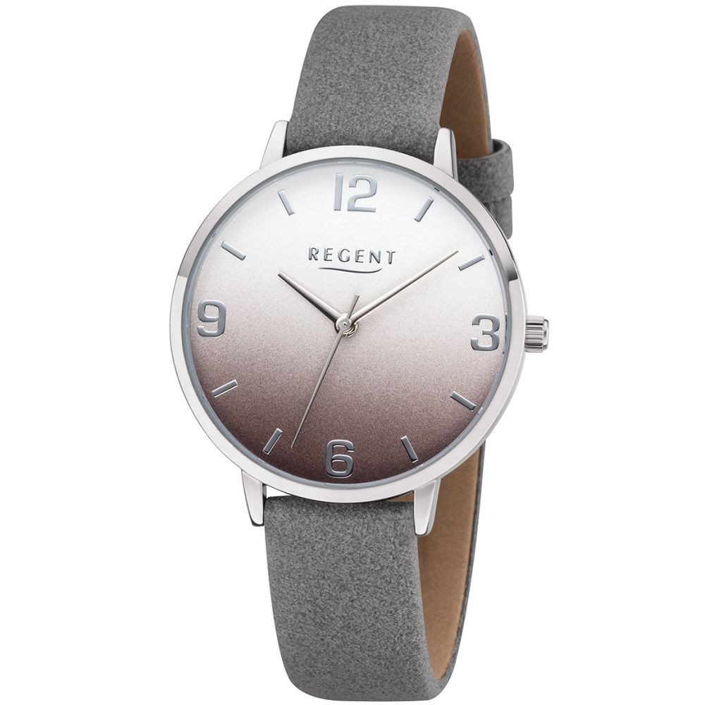 Quarzuhr REGENT Damen Armbanduhr BA-472 grau degradé D. 34 mm Kunstlederband