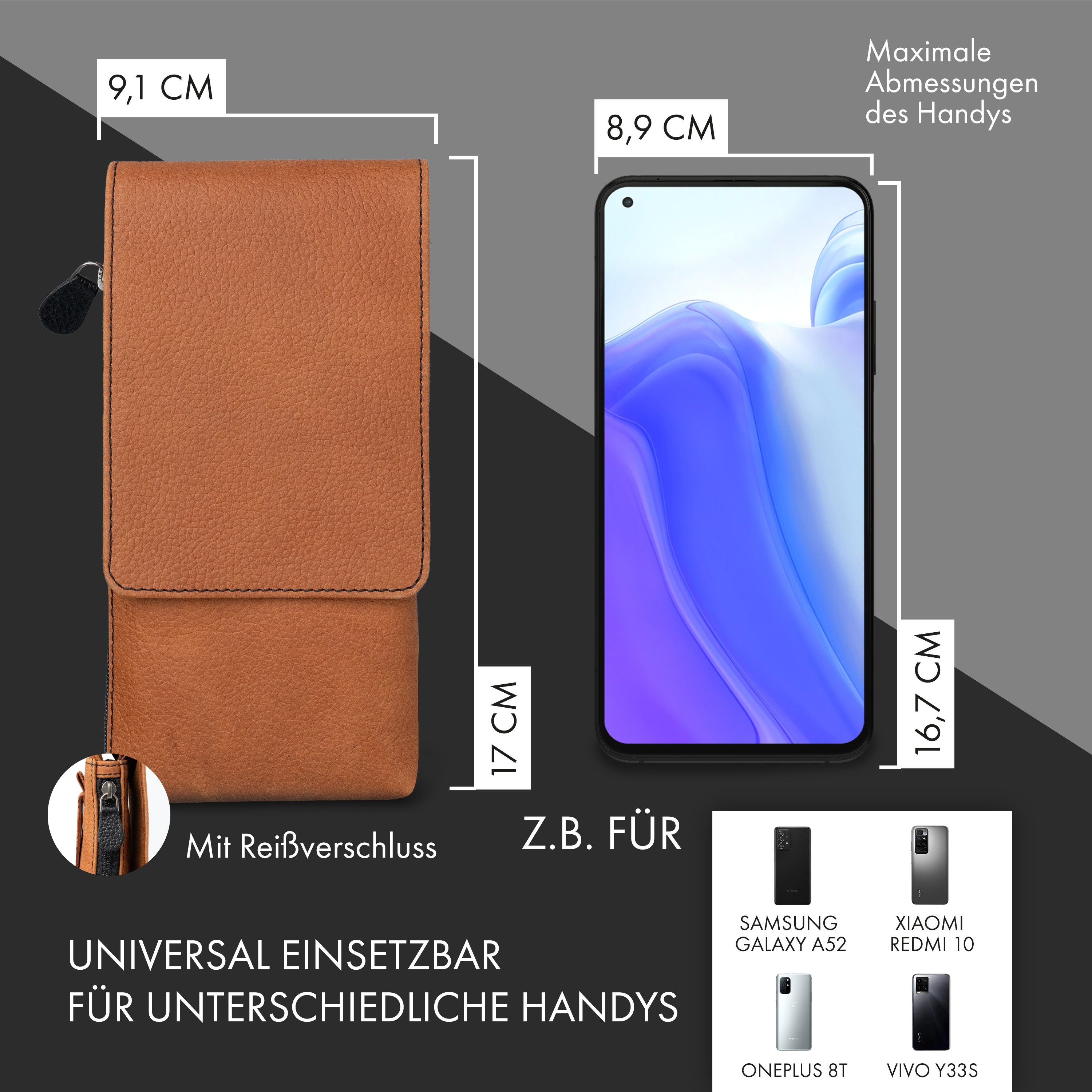 XiRRiX Handytasche Smartphone Umhängetasche aus Reissverschlußfach, Leder echt mit Leder