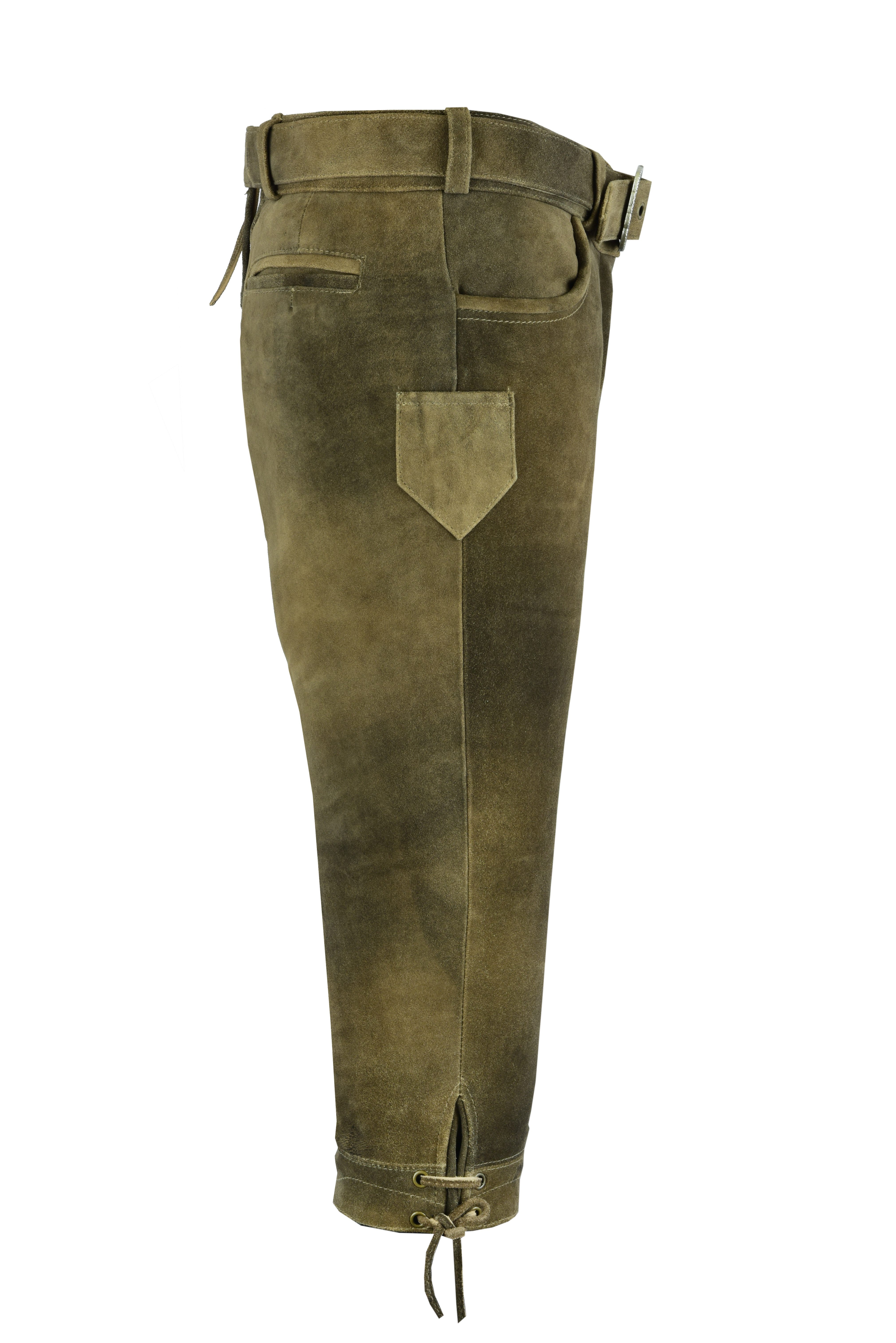 Fuente Leather Wears Trachtenlederhose Vintage Braune Ziegenvelours Trachtenlederhose Kniebund mit Gürtel – Bild 2 von 3