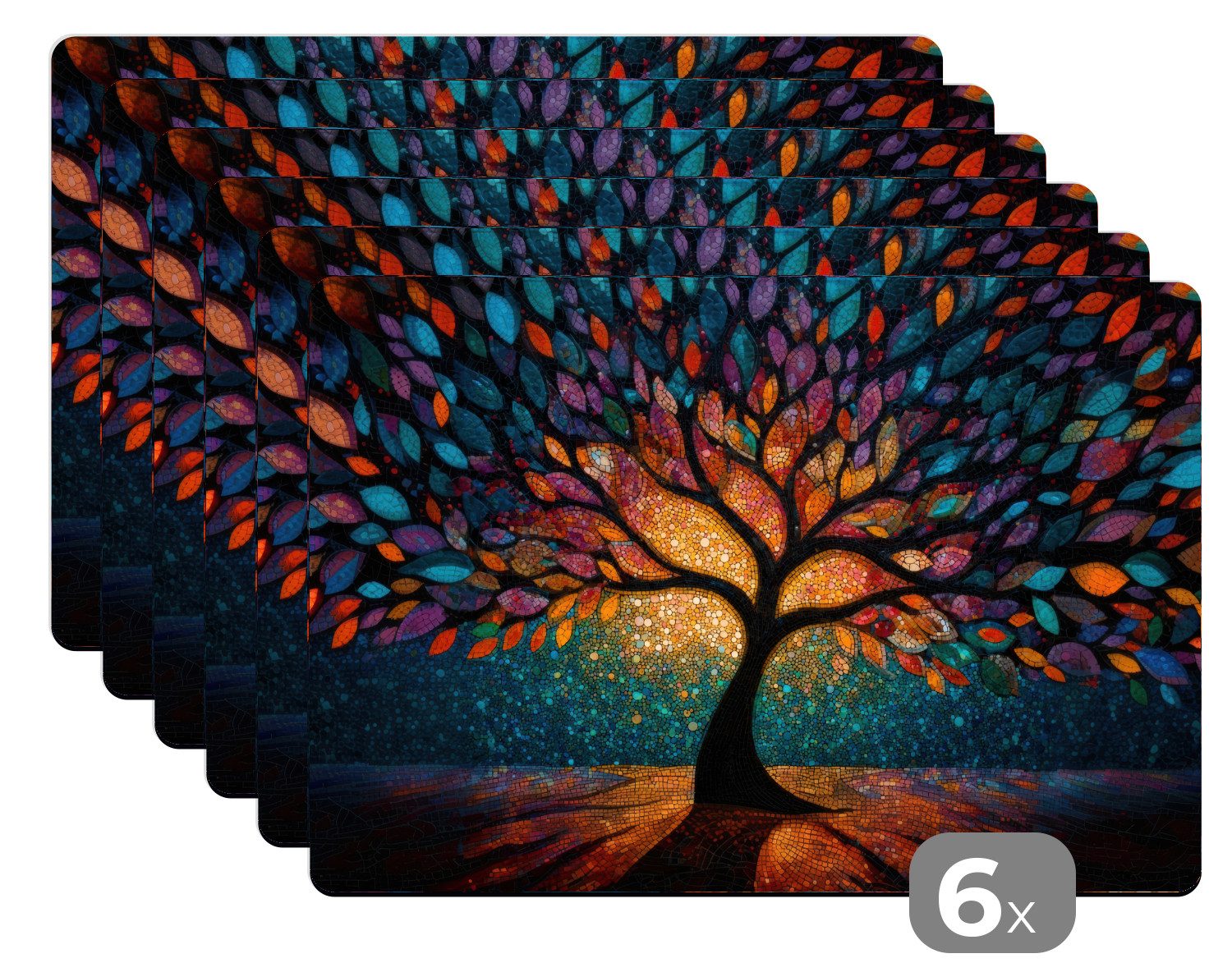 MuchoWow Platzset Mosaik - Bunt - Baum - Äste, (6-St), Platzsets, Tischset, Abwaschbar, Tischsets, Platzdeckchen