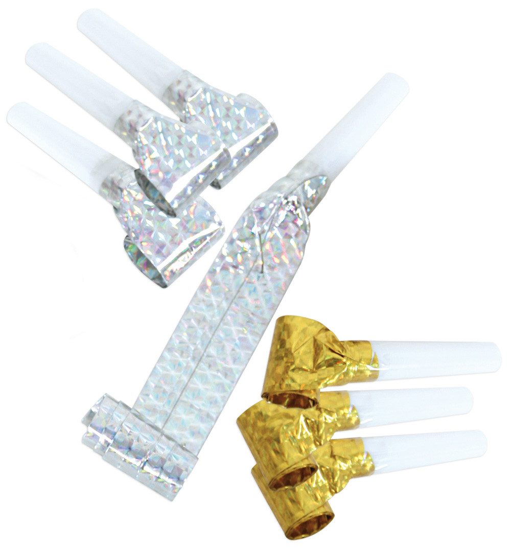 Fries Trillerpfeife 6 Stück Luftrüssel Tröten Gold Silber Karneval Silvester Halloween, 3 x Gold 3 x Silber