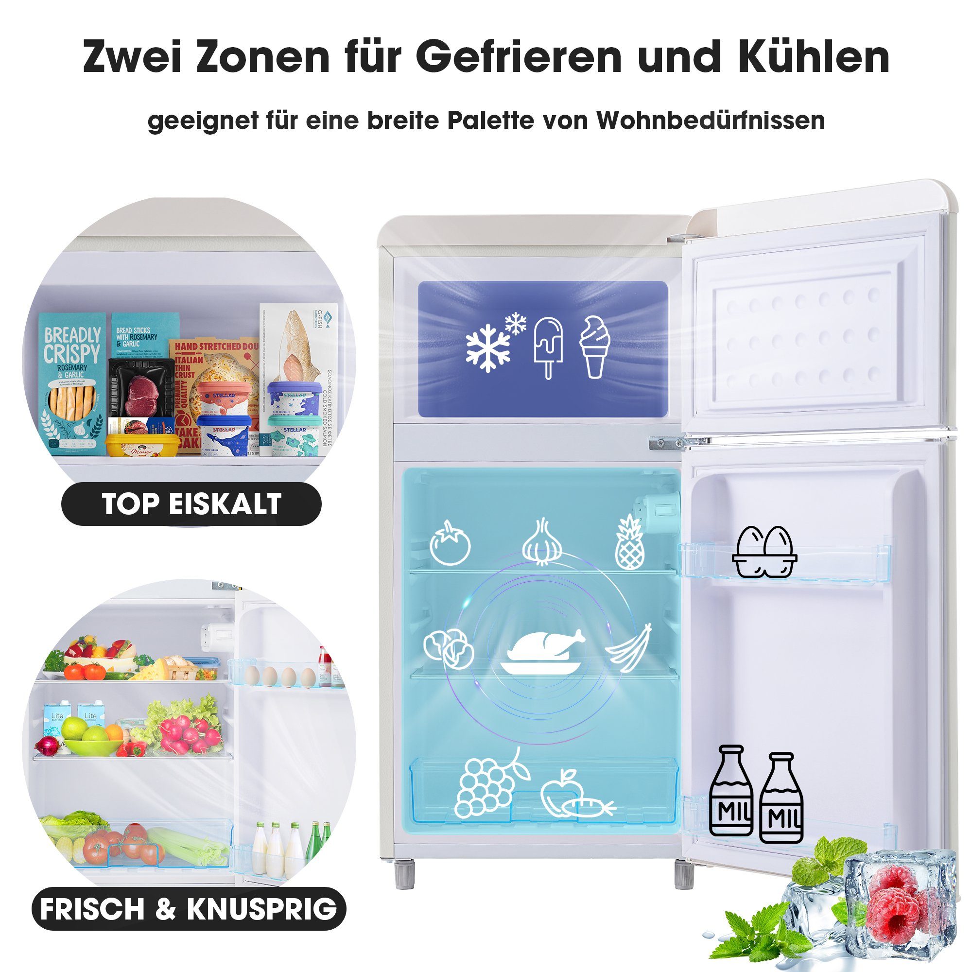 Merax Table Top Kühlschrank Retro Kühl-/Gefrierkombination BCD-100C, 89 cm hoch, 45 cm breit, 72 Liter, Metall Türgriff, verstellebare Ablage und Füße