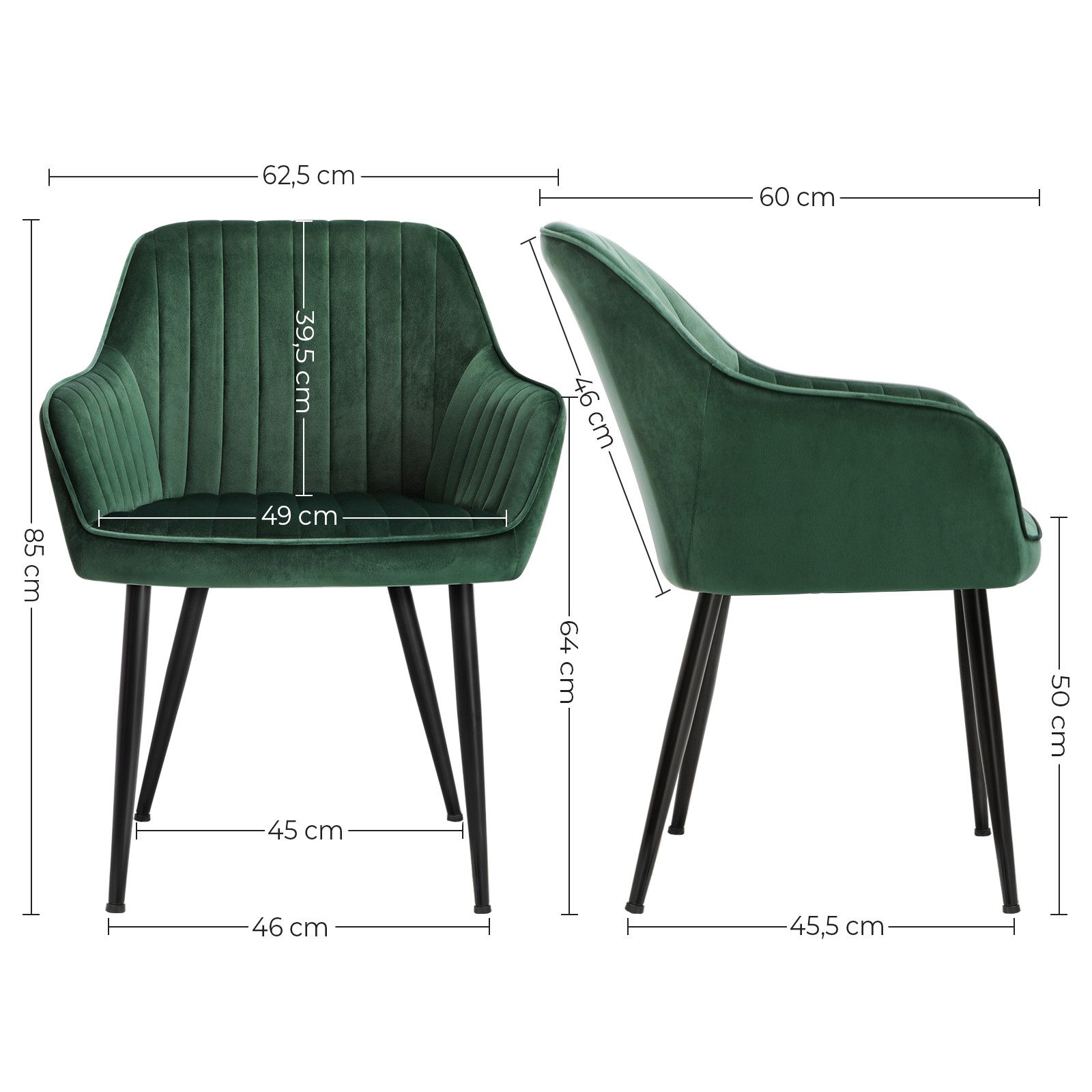 SONGMICS Esszimmerstuhl Küchenstuhl aus Samt, Polsterstuhl mit Armlehnen, Loungesessel (6 St), 6er Set, Metallbeine, bis 120 kg belastbar – Bild 4 von 5