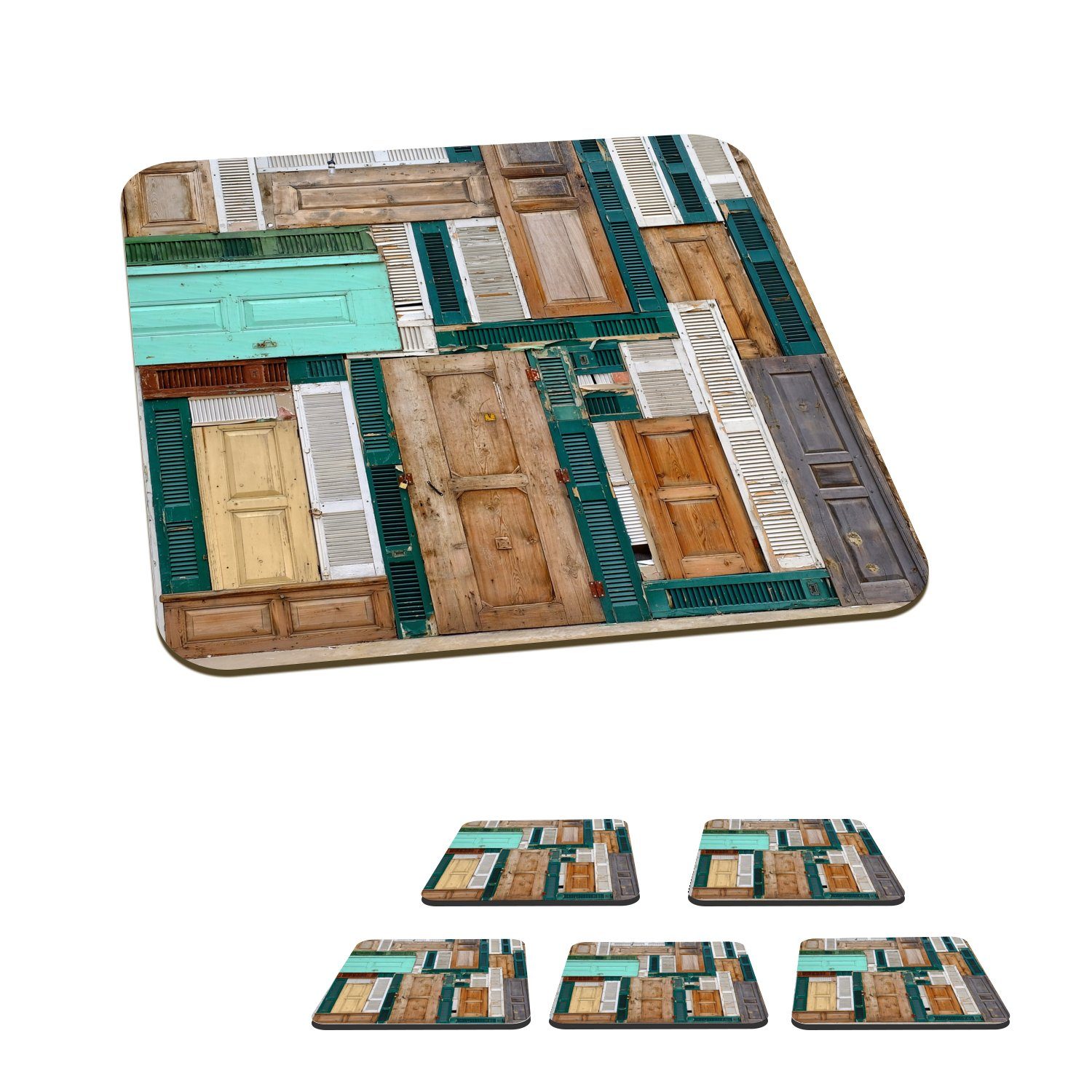 MuchoWow Glasuntersetzer Türen - Architektur - Grün - Braun - Antiquitäten, Zubehör für Gläser, 6-tlg., Glasuntersetzer, Tischuntersetzer, Korkuntersetzer, Untersetzer, Tasse