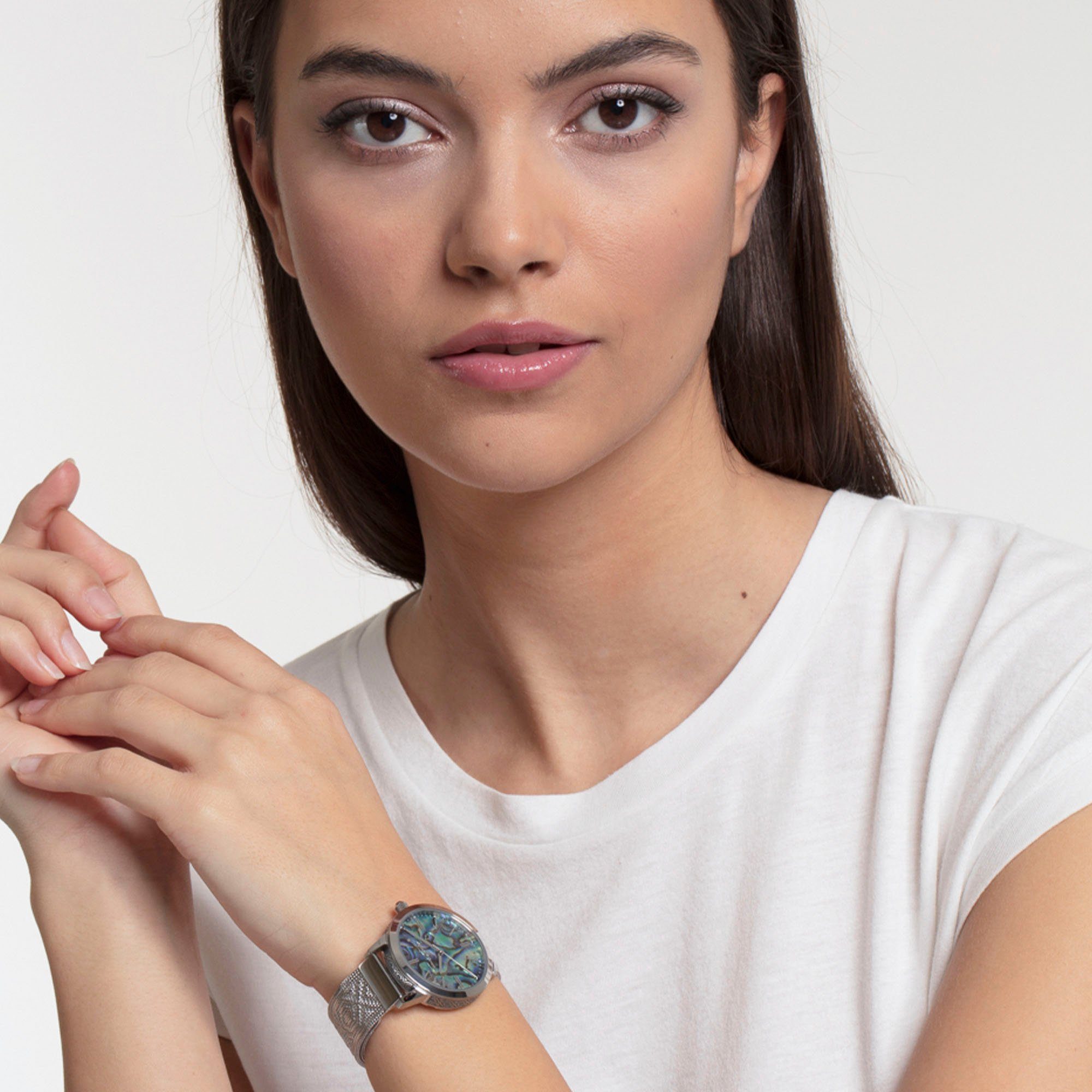 THOMAS SABO Quarzuhr ARIZONA SPIRIT ABALONE WA0344-201-218-33 MM, Armbanduhr, Damenuhr, Hämatit-Stein auf der Krone, Abalone-Perlmutt