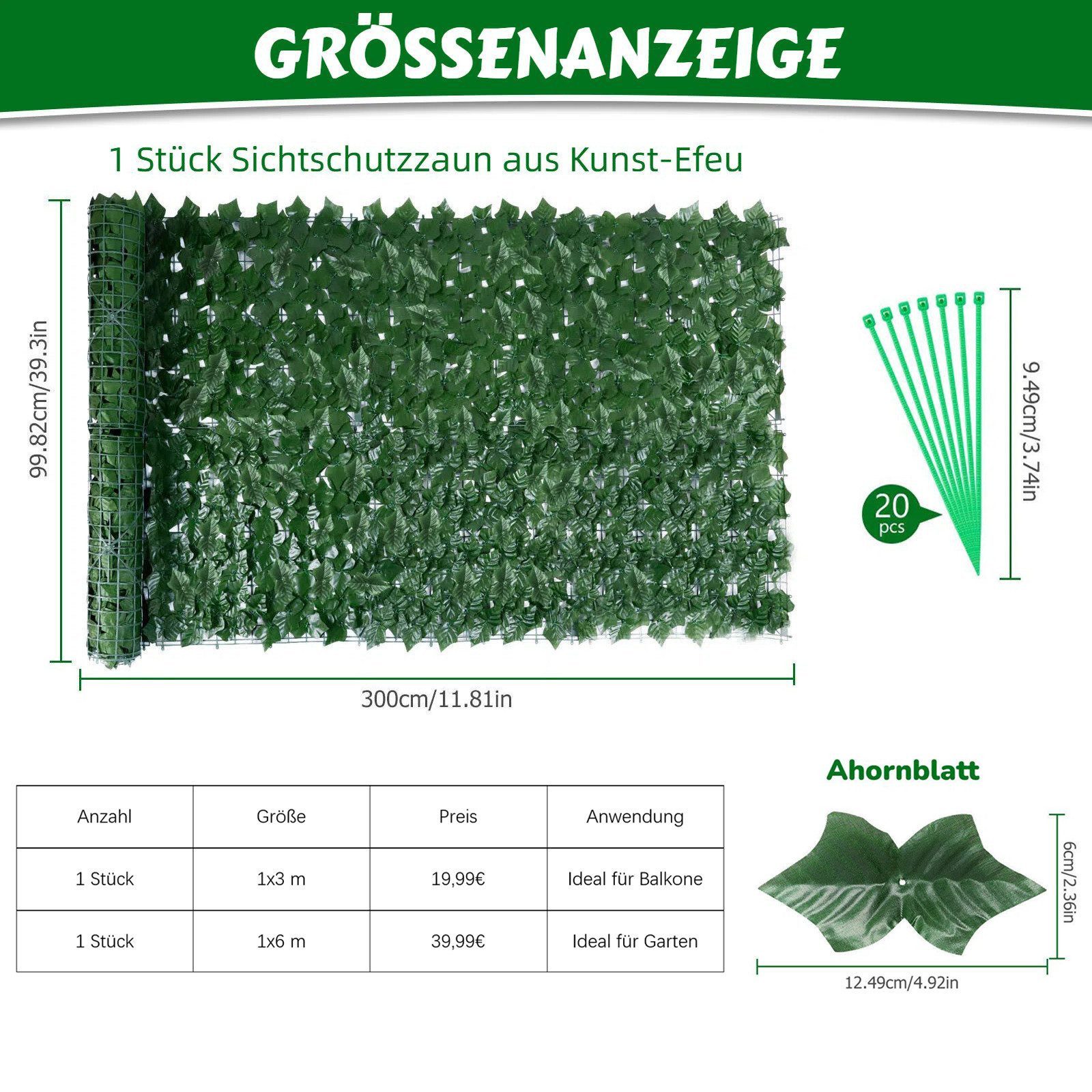 BlingBin Kunsthecken-Sichtschutz Künstliche Efeu Hecke Windschutz, Balkon Sichtschutz Efeu, 1x3 m/1x6 m, (1er Set, 1-St., Inklusive 20 Kabelbinder), Dekoration für Außenbereich Gartendekoration Sichtschutz Windschutz
