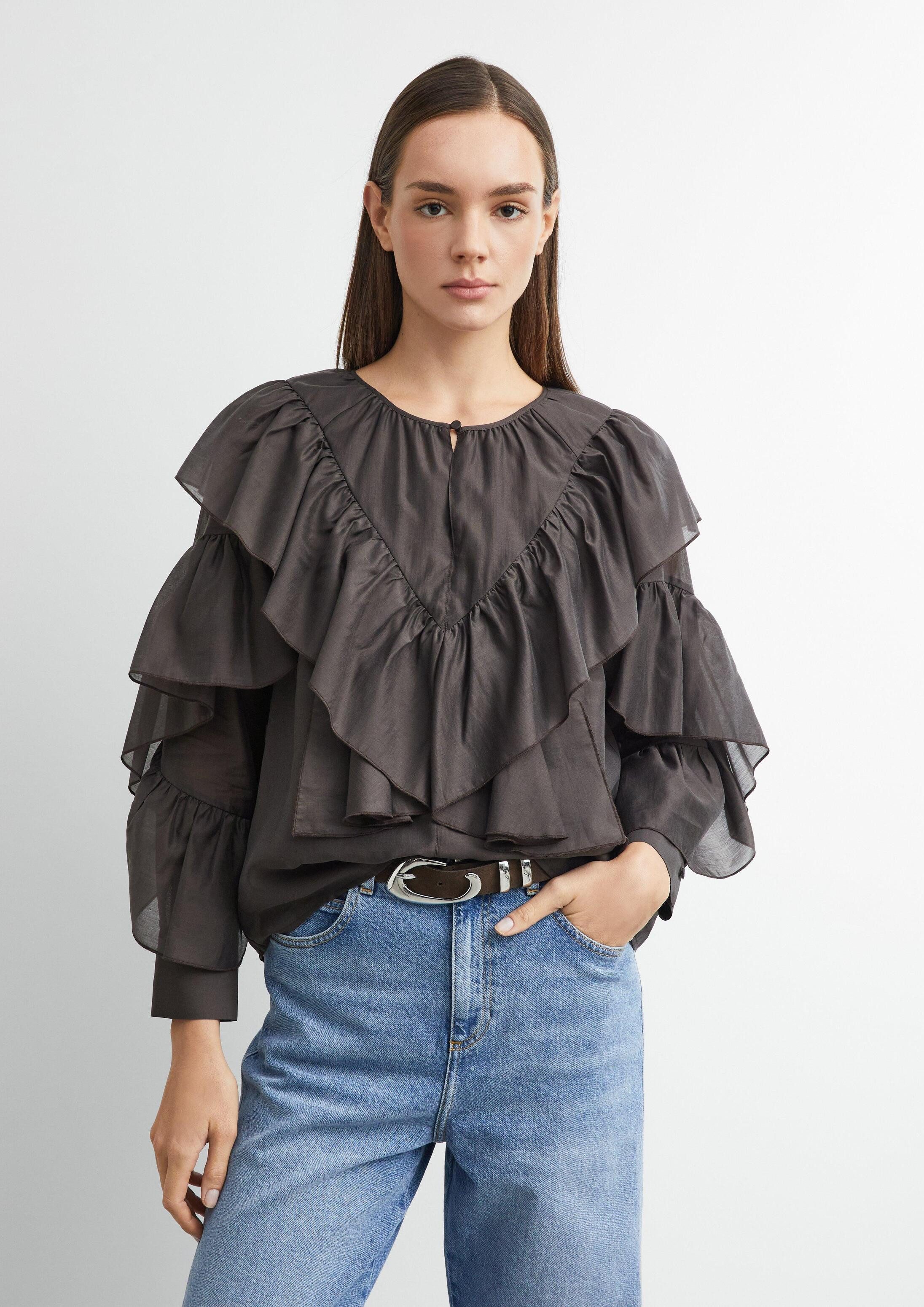 comma Langarmbluse Bluse Volant-Bluse aus Viskose-Voile