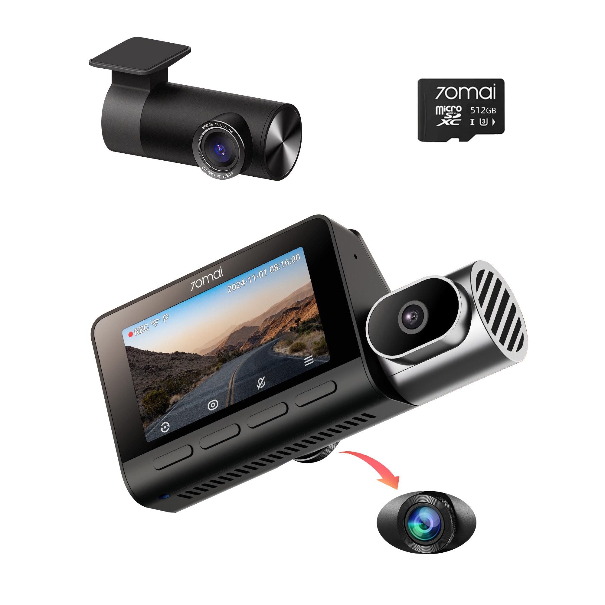 70mai T800-41 3-Kanal 4K + 4K +1080P Dashcam (4K Ultra HD, Dashcam Auto Vorne Hinten Innen mit 512GB SD Karte, Superkondensator, Super Nachtsicht, G-Sensor, HDR, GPS)